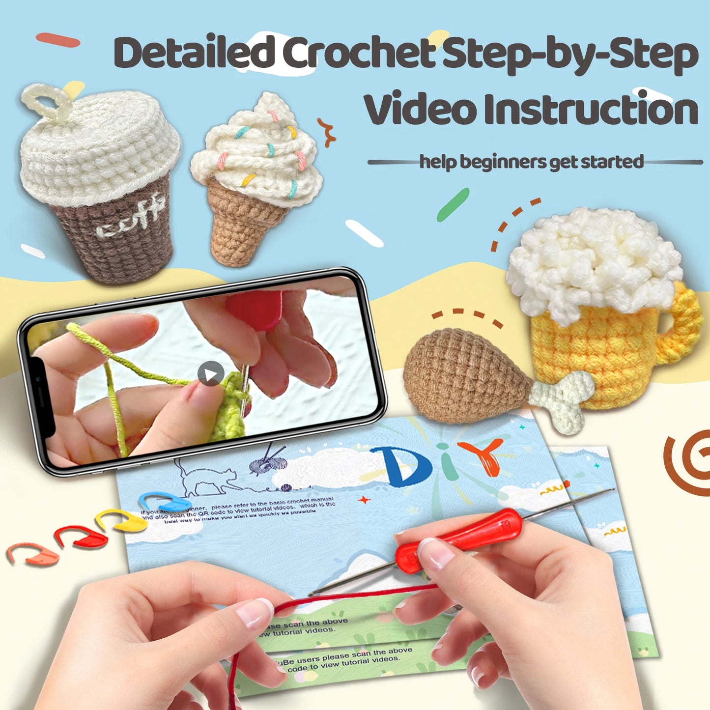 Food and Drink Theme Crochet Kit for Beginners – 4pc | Yarn, Hook & Video Tutorial Included