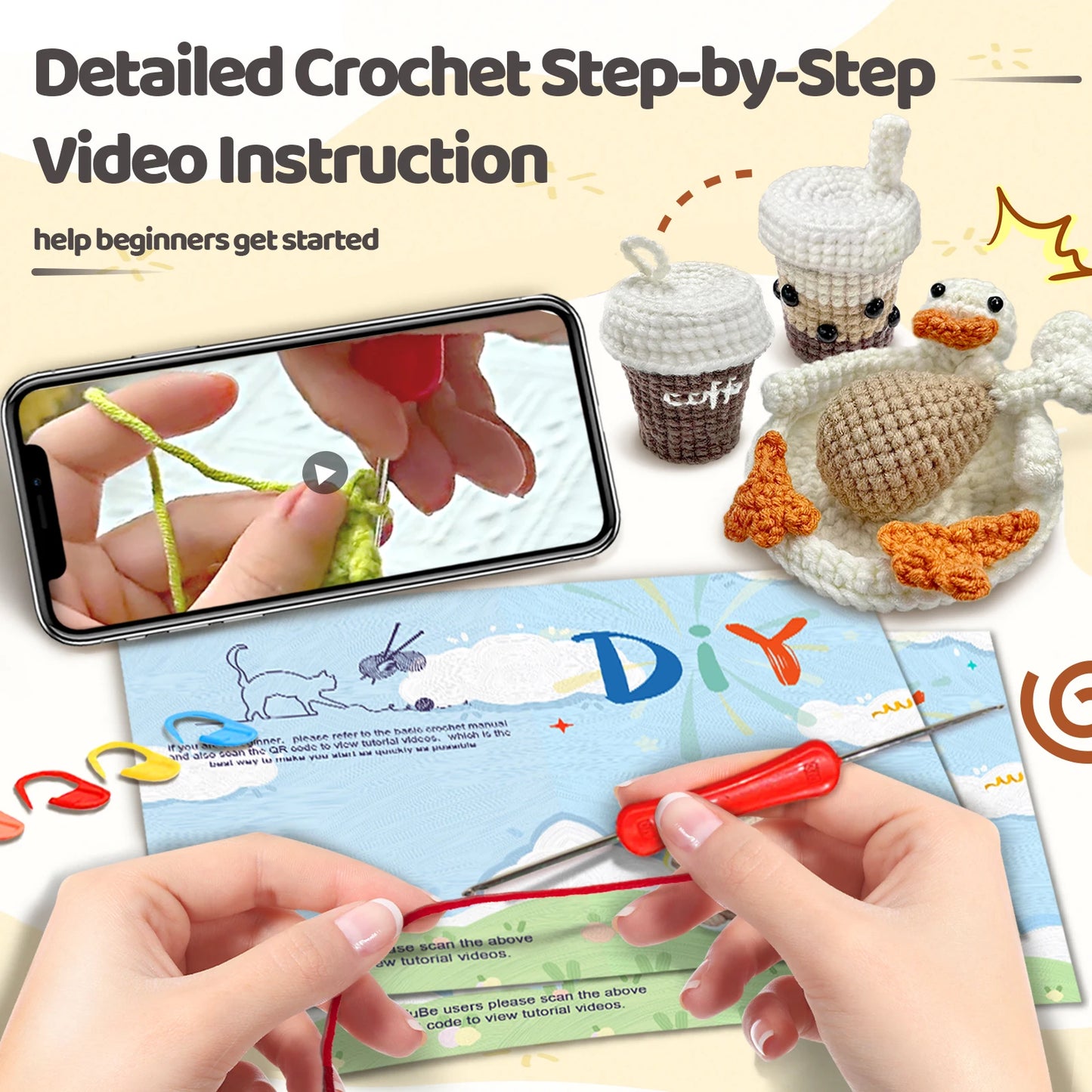 Food Theme Crochet Kit for Beginners – 4pc | Yarn, Hook & Video Tutorial Included