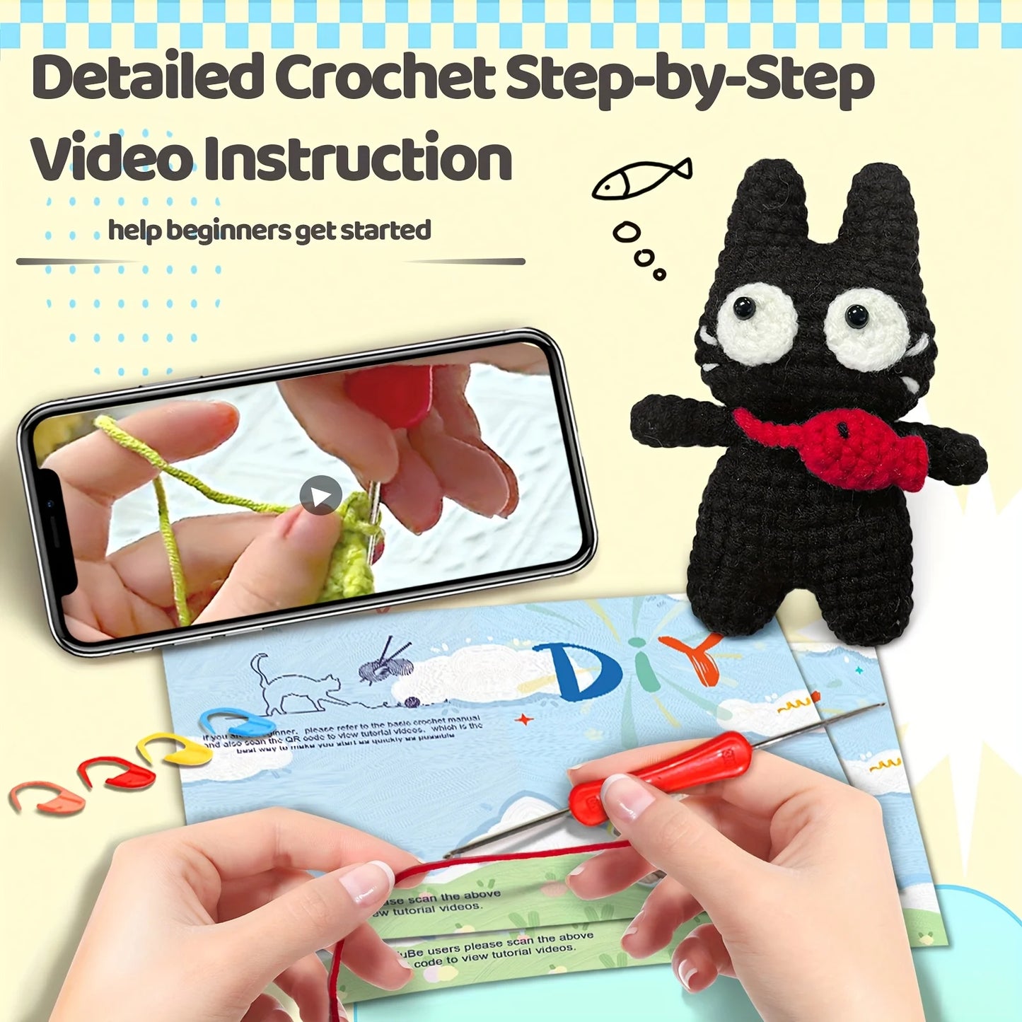 Kitten Crochet Kit for Beginners – 1pc | Yarn, Hook & Video Tutorial Included