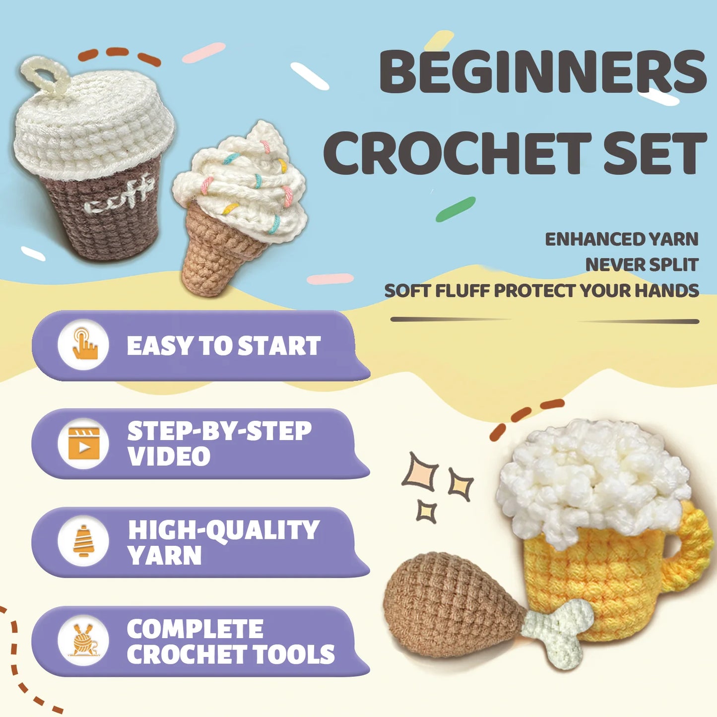 Food and Drink Theme Crochet Kit for Beginners – 4pc | Yarn, Hook & Video Tutorial Included
