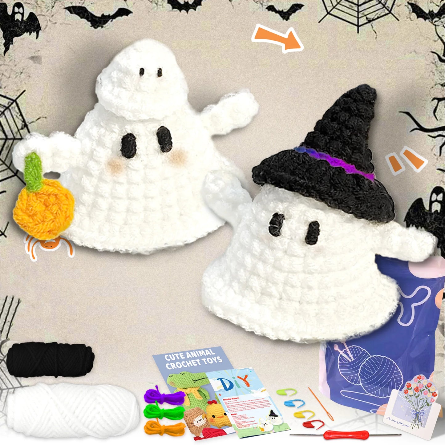 Halloween Ghost Crochet Kit for Beginners – 2pc | Yarn, Hook & Video Tutorial Included