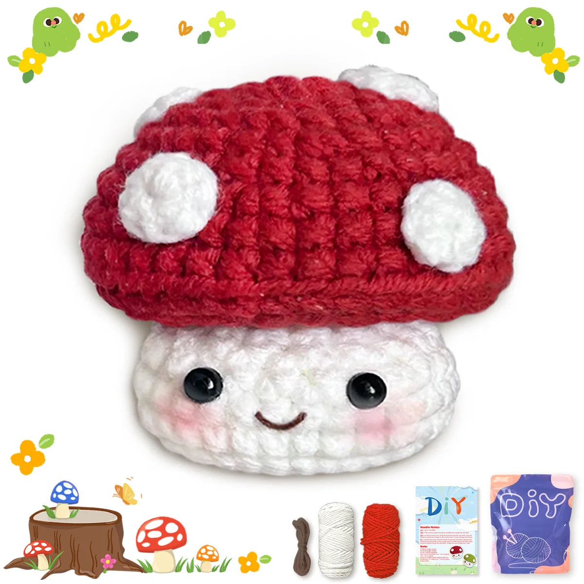 Mushroom Crochet Kit for Beginners – 1/2pc | Yarn, Hook & Video Tutorial Included