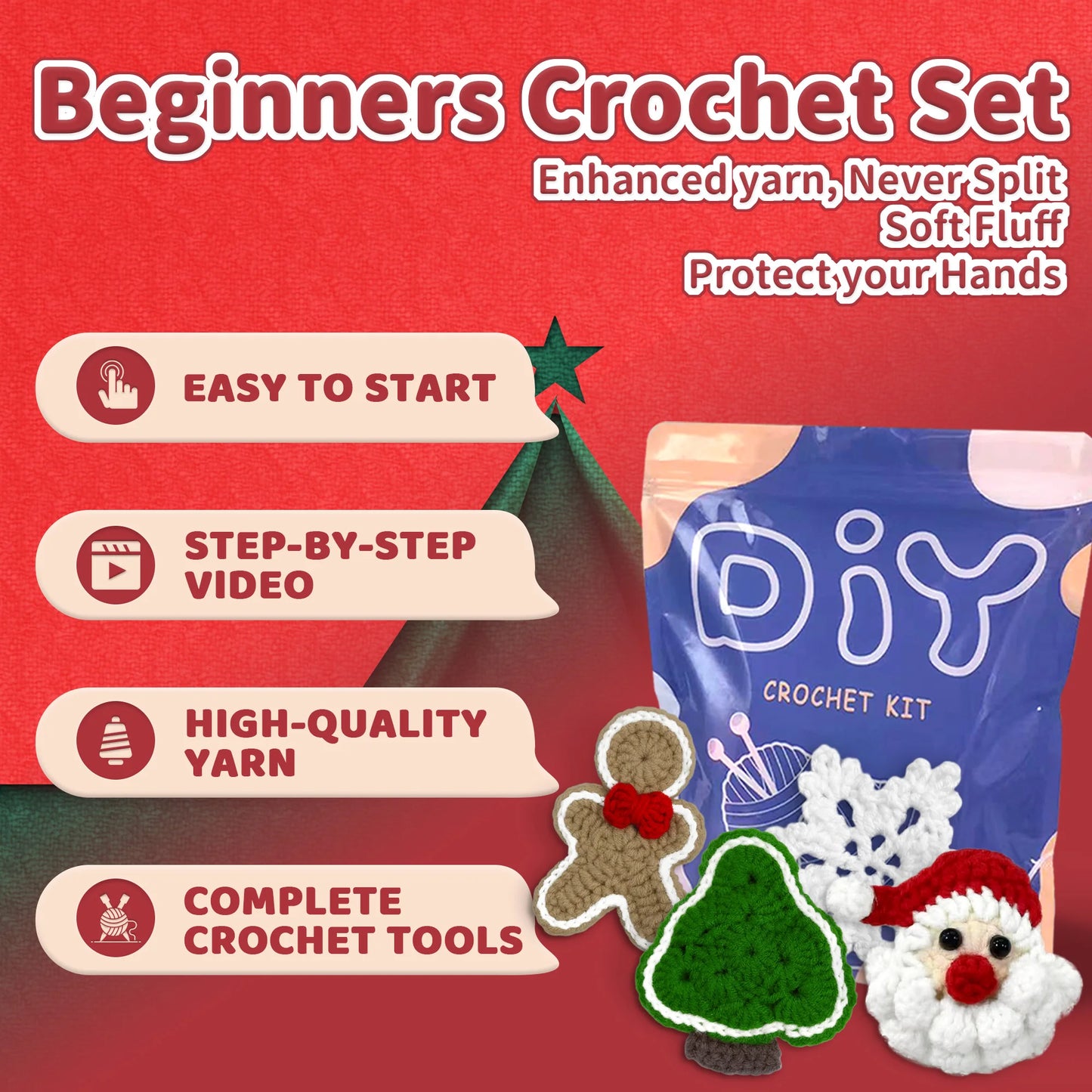 Gingerbread Man Crochet Kit for Beginners – 4pc | Yarn, Hook & Video Tutorial Included