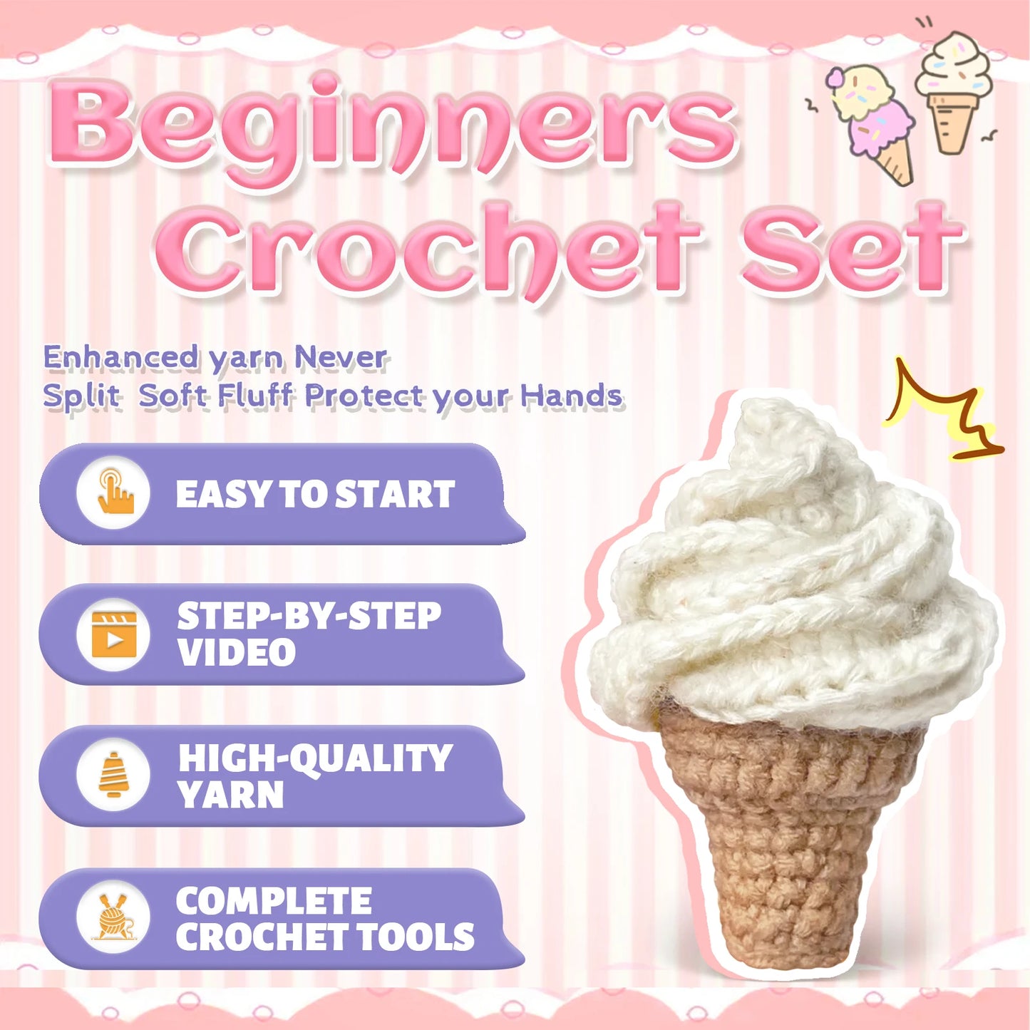 Ice Cream Crochet Kit for Beginners – 1pc | Yarn, Hook & Video Tutorial Included