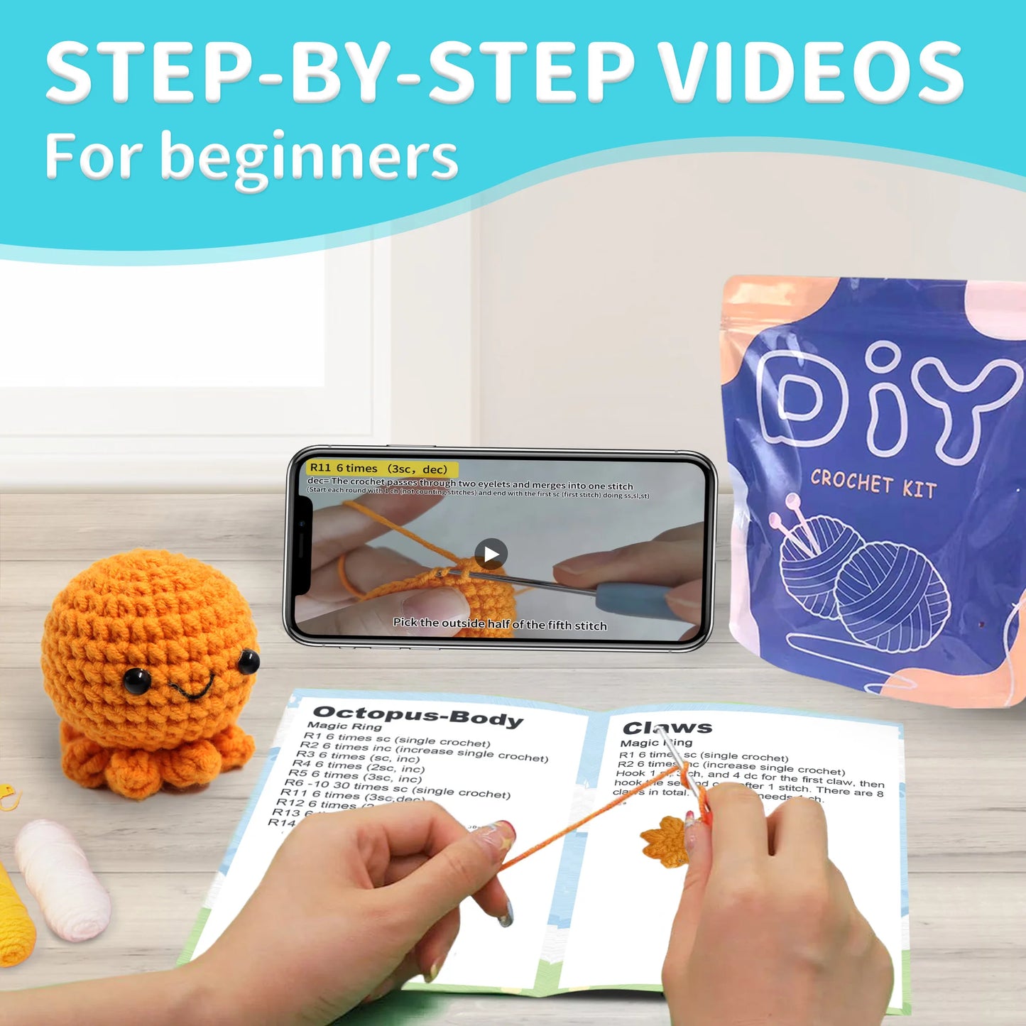 Octopus Crochet Kit for Beginners – 1pc | Yarn, Hook & Video Tutorial Included