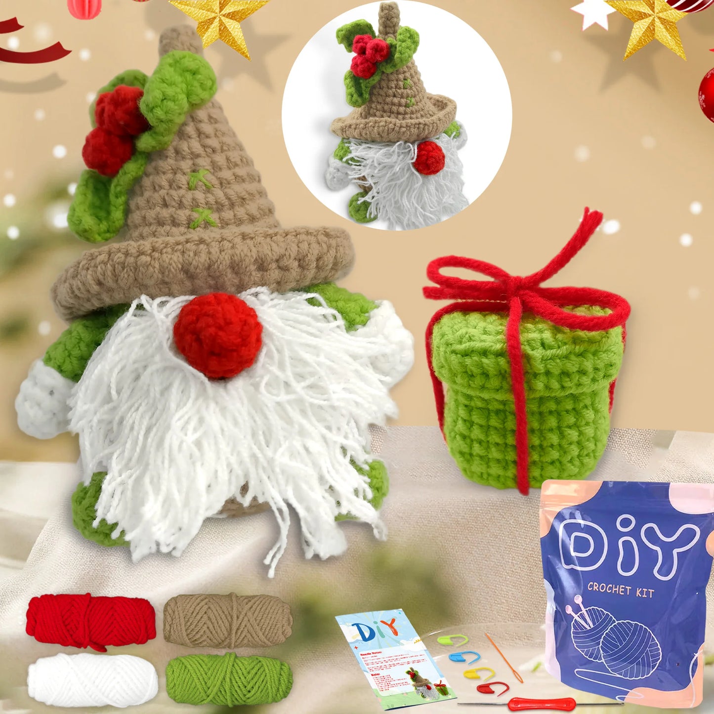 Christmas Crochet Kit for Beginners – 2pc | Yarn, Hook & Video Tutorial Included
