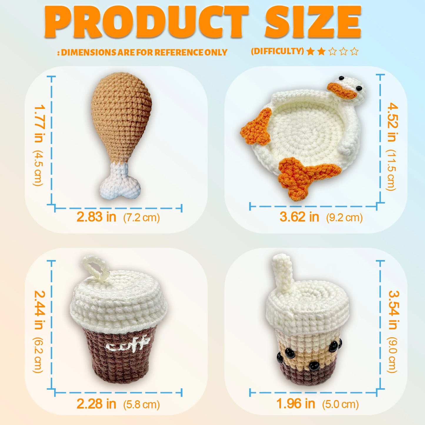 Food Theme Crochet Kit for Beginners – 4pc | Yarn, Hook & Video Tutorial Included