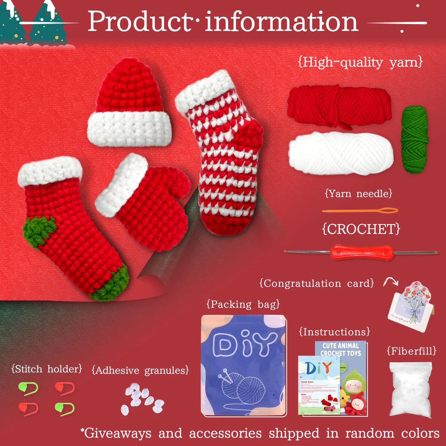 Christmas Ornament Crochet Kit for Beginners – 4pc | Yarn, Hook & Video Tutorial Included