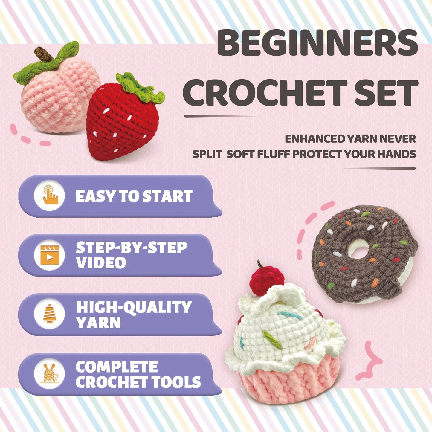 Sweet Treats Crochet Kit for Beginners – 4pc | Yarn, Hook & Video Tutorial Included