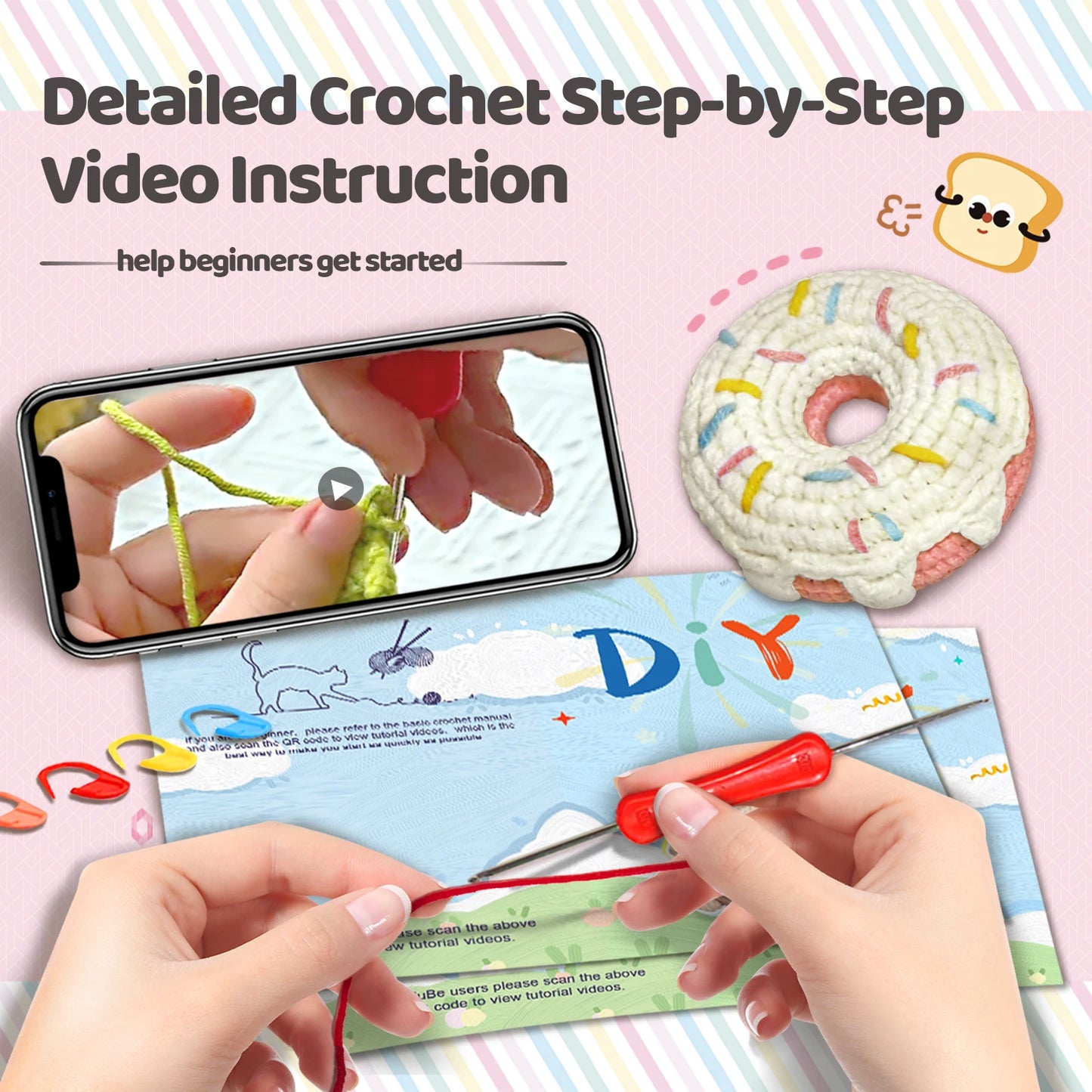 Donut Crochet Kit for Beginners – 1pc | Yarn, Hook & Video Tutorial Included