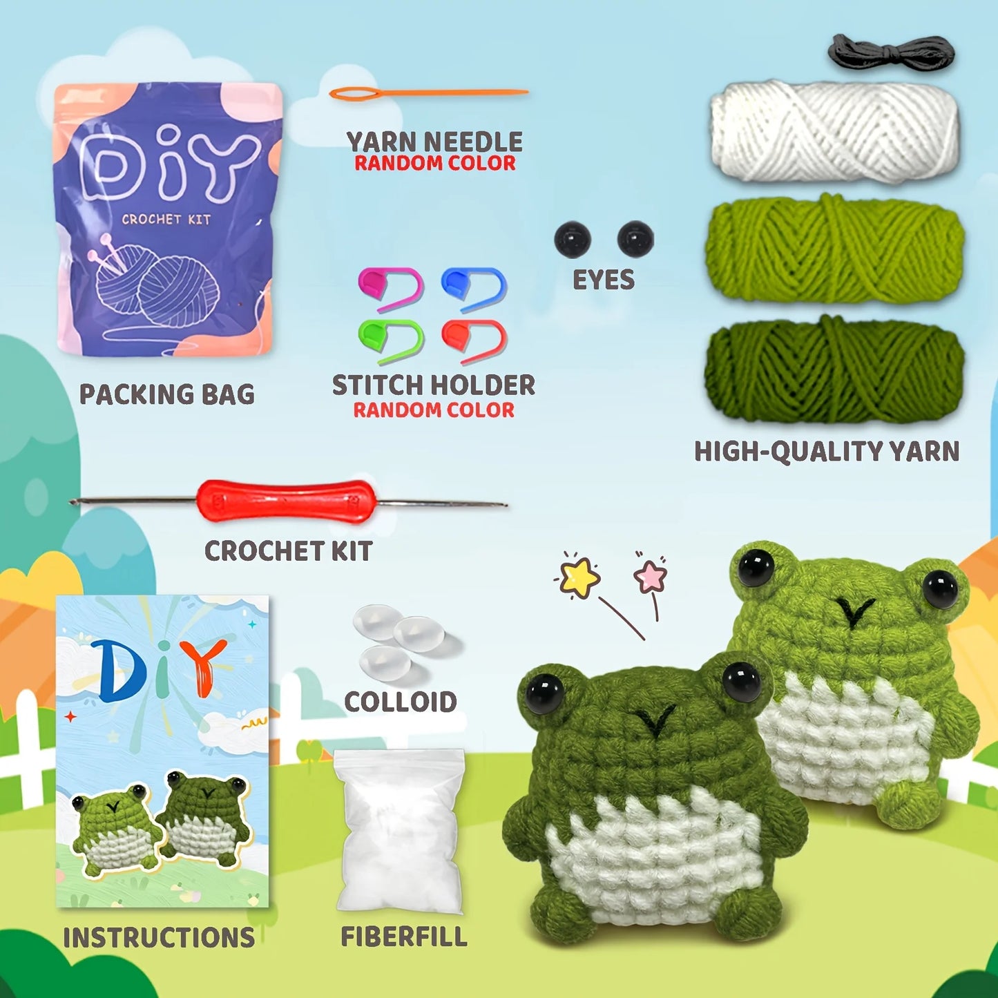 Frog Amigurumi Crochet Kit for Beginners – 1pc/2pc | Yarn, Hook & Video Tutorial Included