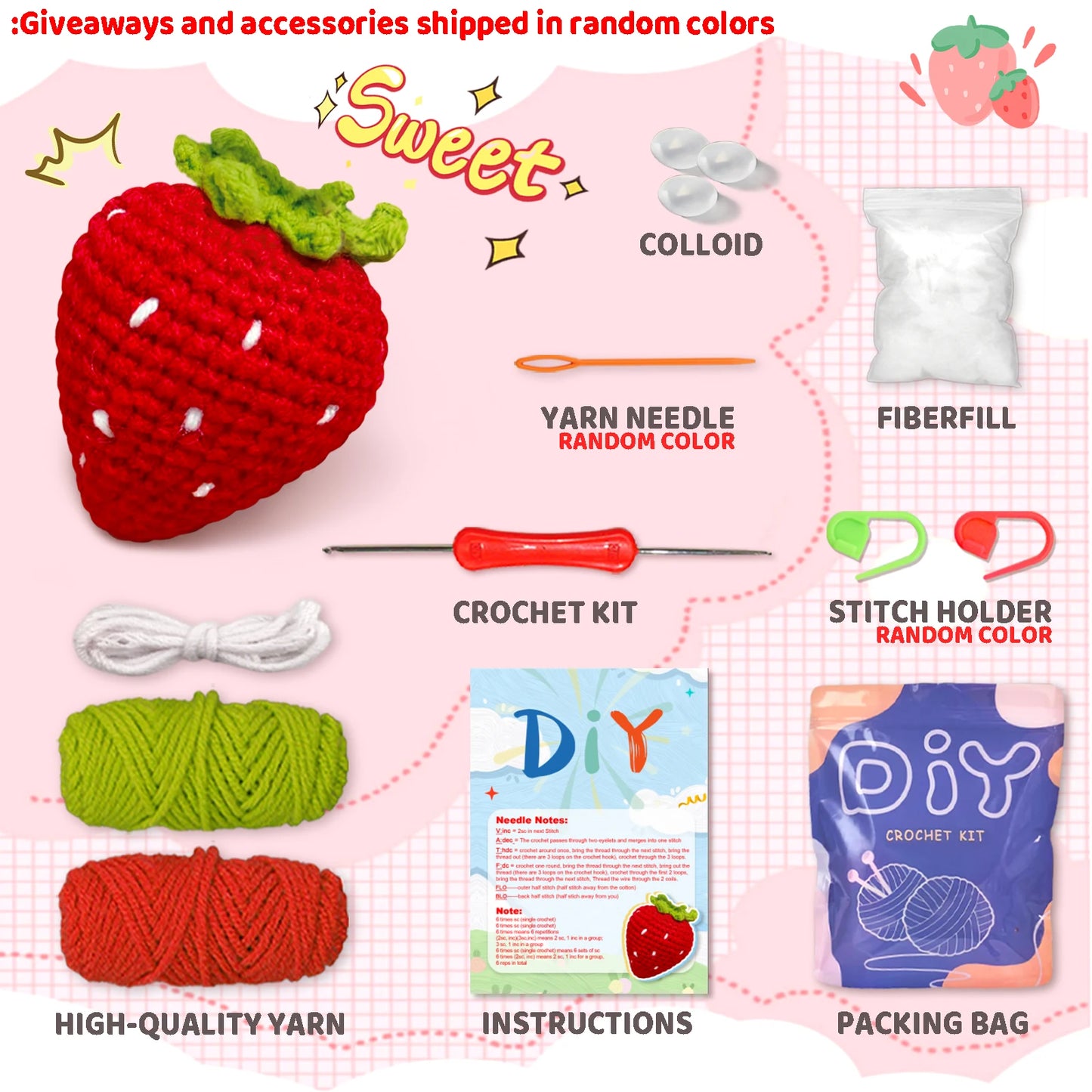 Strawberry Crochet Kit for Beginners – 1pc | Yarn, Hook & Video Tutorial Included