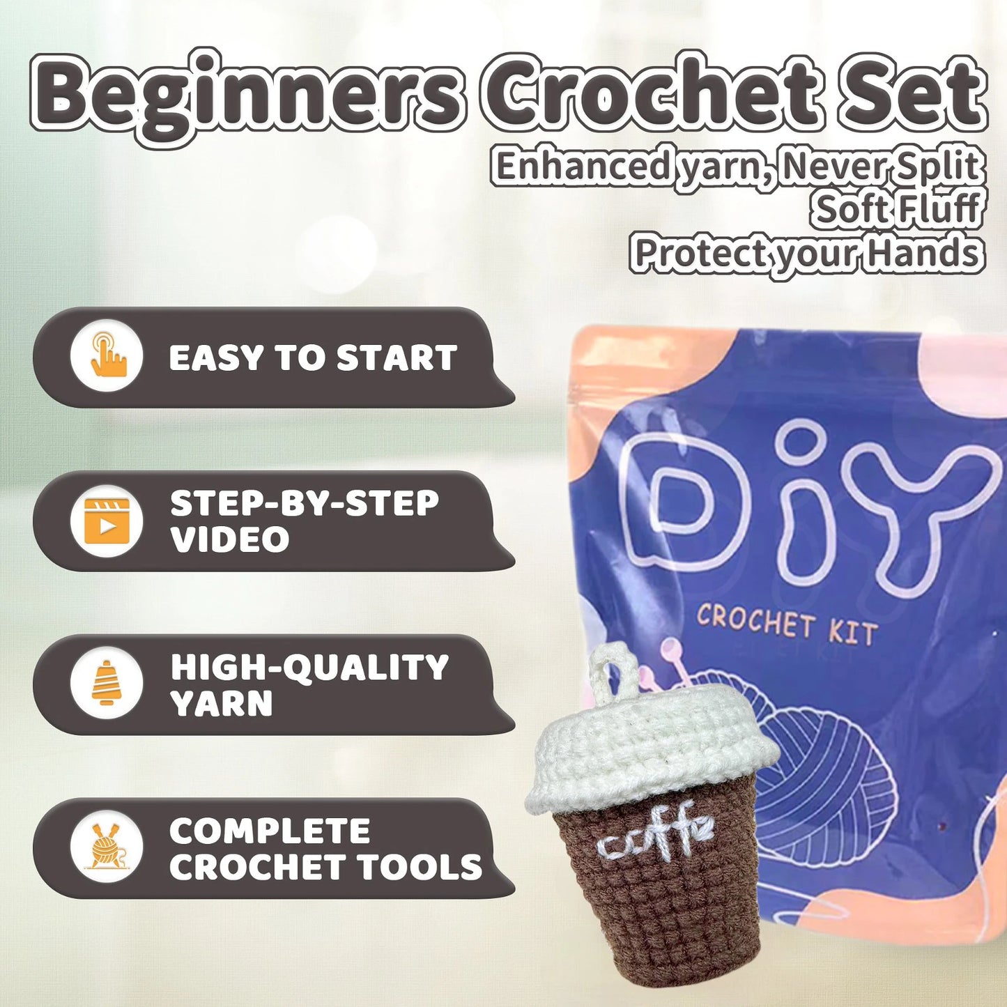 Coffee Cup Crochet Kit for Beginners – 1pc | Yarn, Hook & Video Tutorial Included