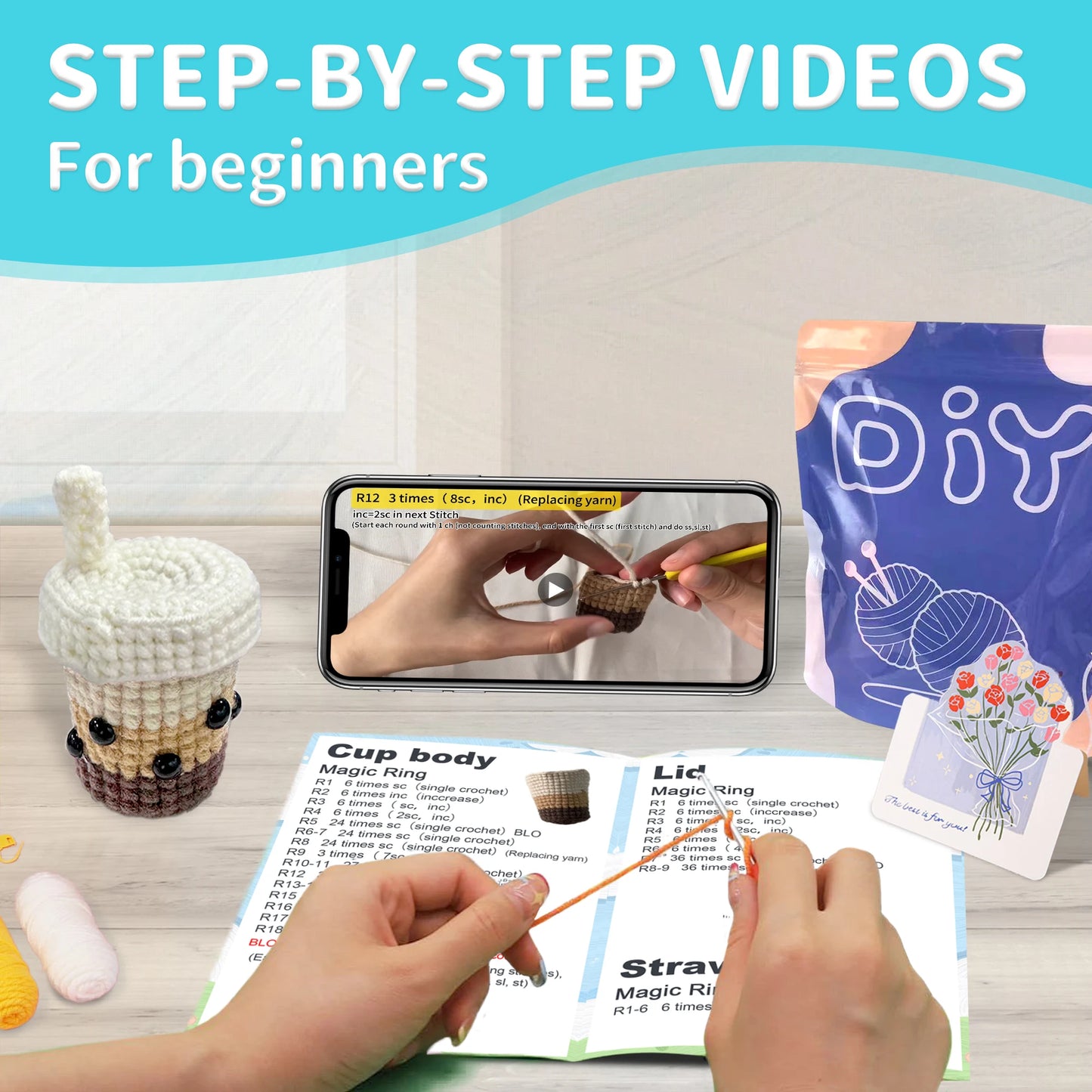 Bubble Milk Tea Crochet Kit for Beginners – 1pc | Yarn, Hook & Video Tutorial Included