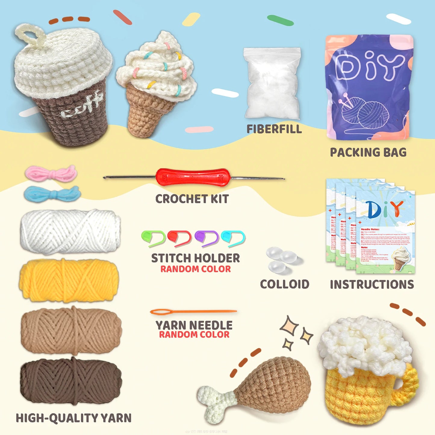 Food and Drink Theme Crochet Kit for Beginners – 4pc | Yarn, Hook & Video Tutorial Included