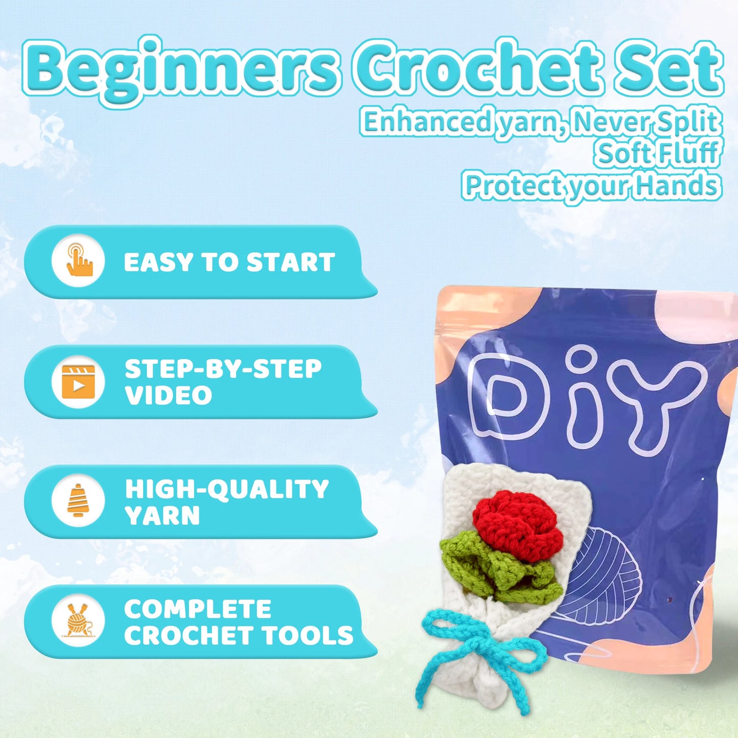 Rose Crochet Kit for Beginners – 1pc | Yarn, Hook & Video Tutorial Included