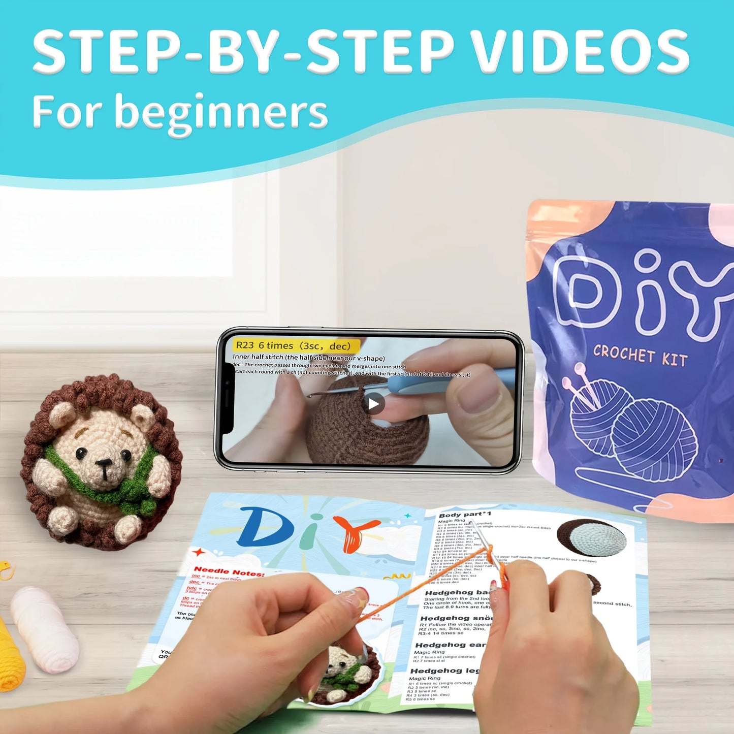 Hedgehog Crochet Kit for Beginners – 1pc | Yarn, Hook & Video Tutorial Included