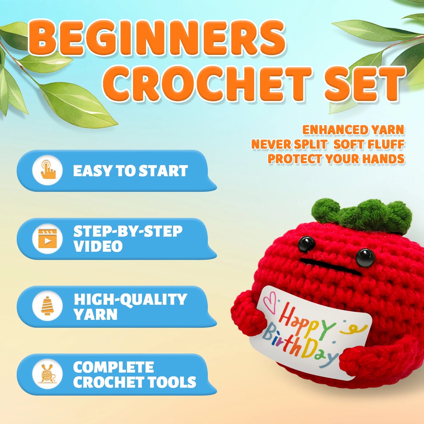 Sign-Holding Fruit (Apple) Crochet Kit for Beginners – 1pc | Yarn, Hook & Video Tutorial Included