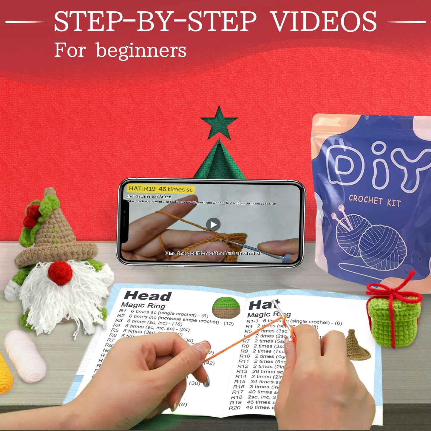 Christmas Crochet Kit for Beginners – 2pc | Yarn, Hook & Video Tutorial Included