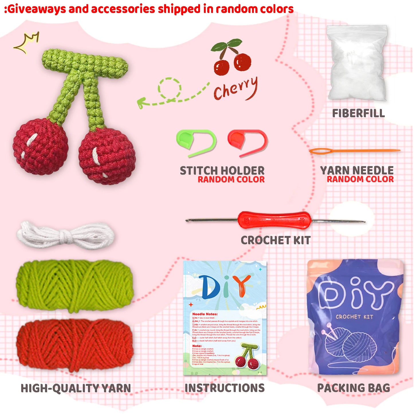 Cherry Crochet Kit for Beginners – 1pc | Yarn, Hook & Video Tutorial Included