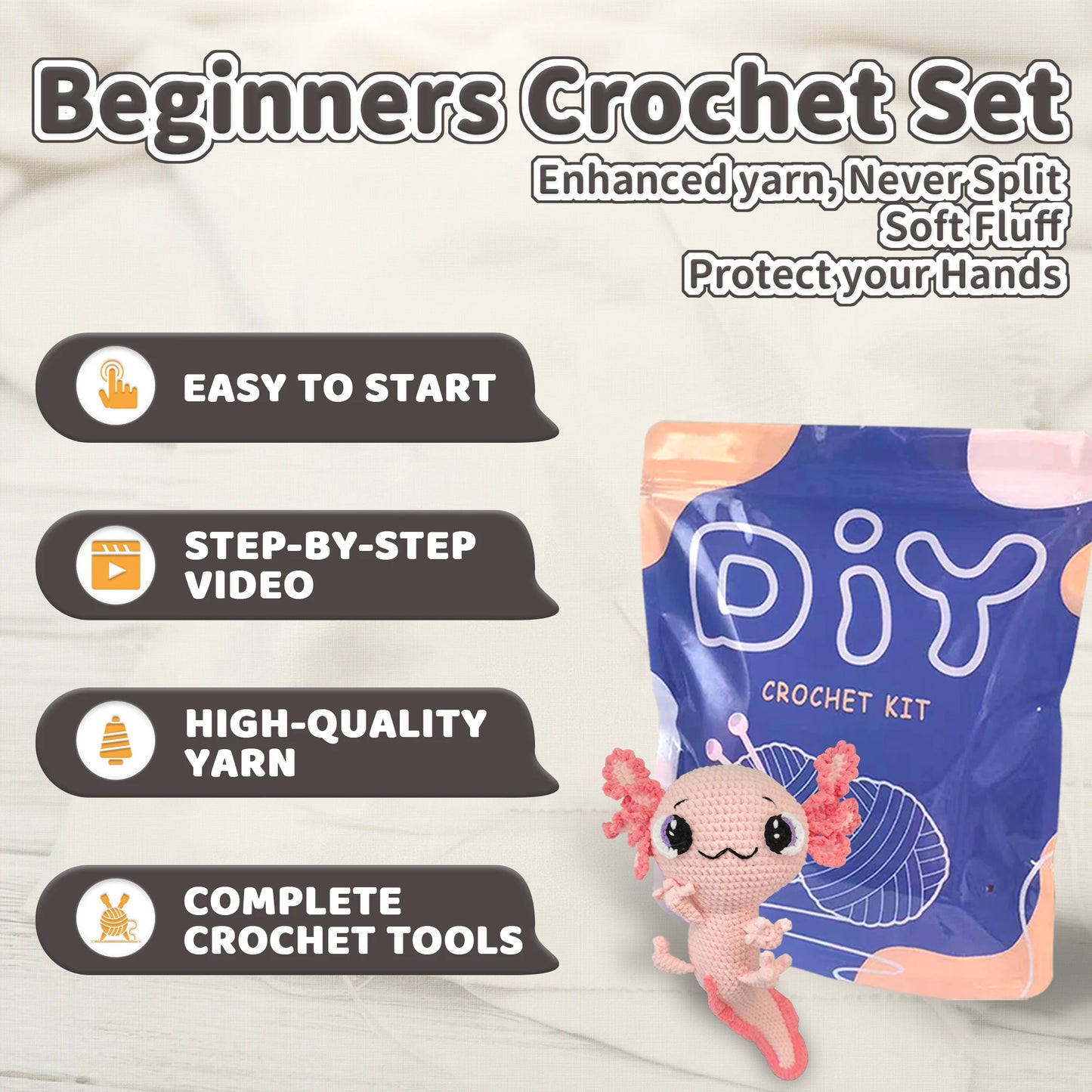 Axolotl Crochet Kit for Beginners – 1pc | Yarn, Hook & Video Tutorial Included
