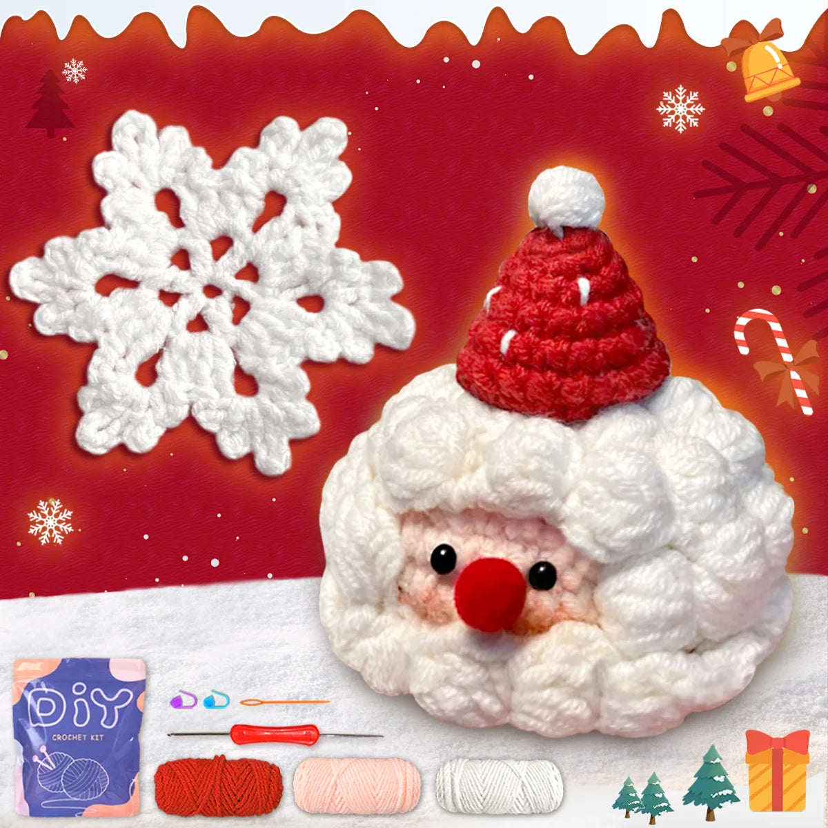 Santa Claus Crochet Kit for Beginners – 2pc | Yarn, Hook & Video Tutorial Included