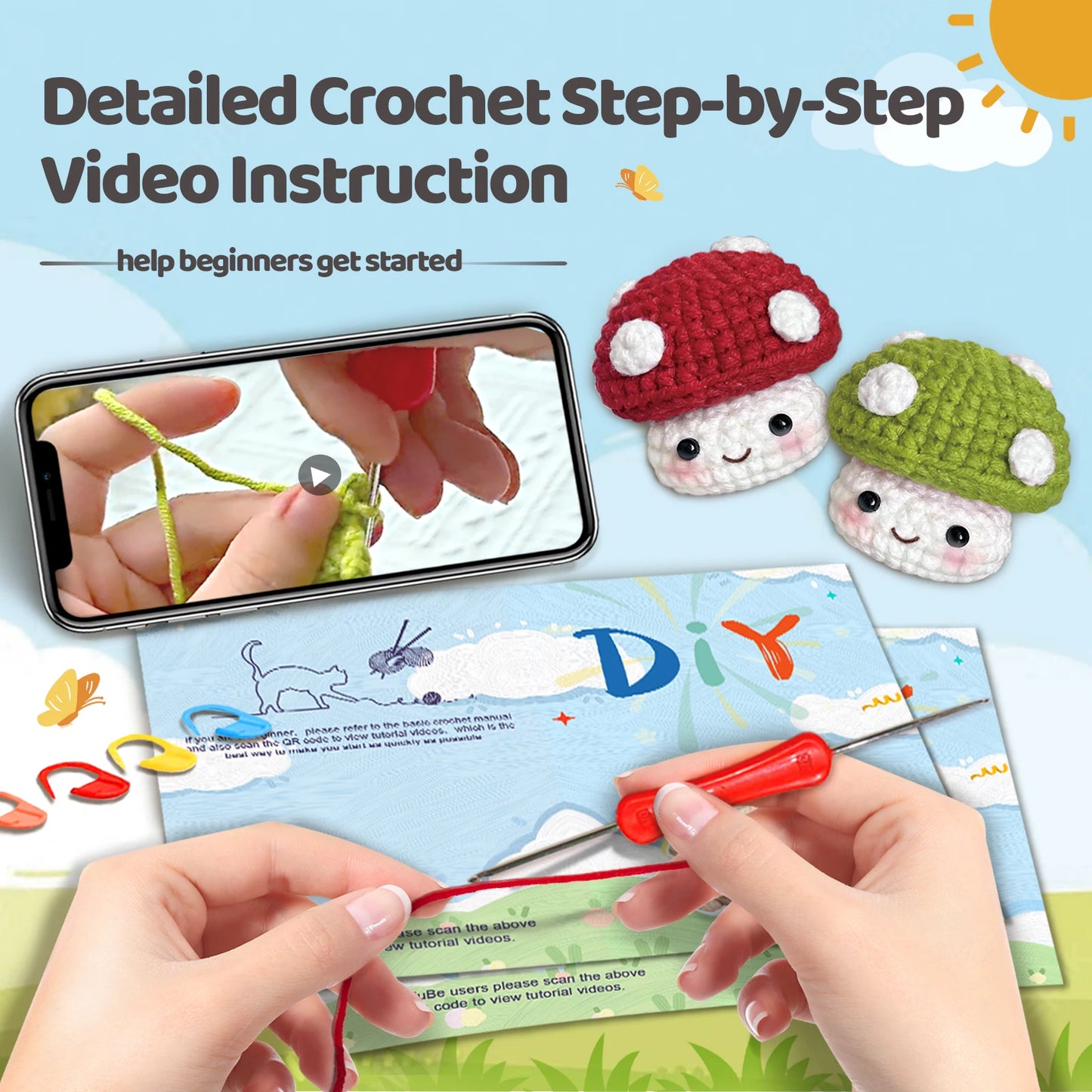 Mushroom Crochet Kit for Beginners – 1/2pc | Yarn, Hook & Video Tutorial Included