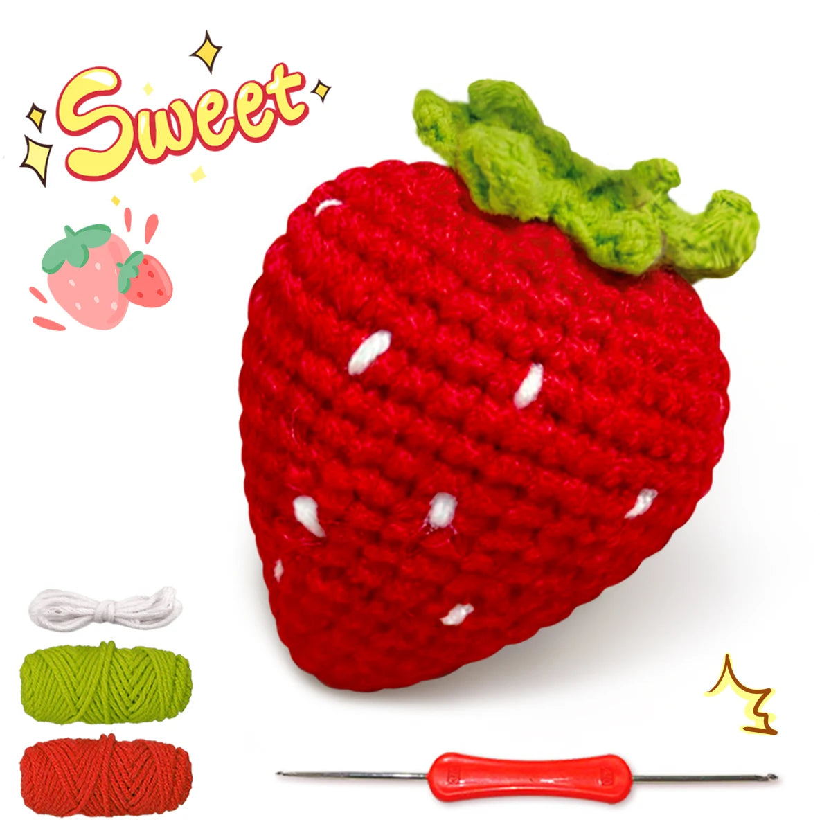 Strawberry Crochet Kit for Beginners – 1pc | Yarn, Hook & Video Tutorial Included