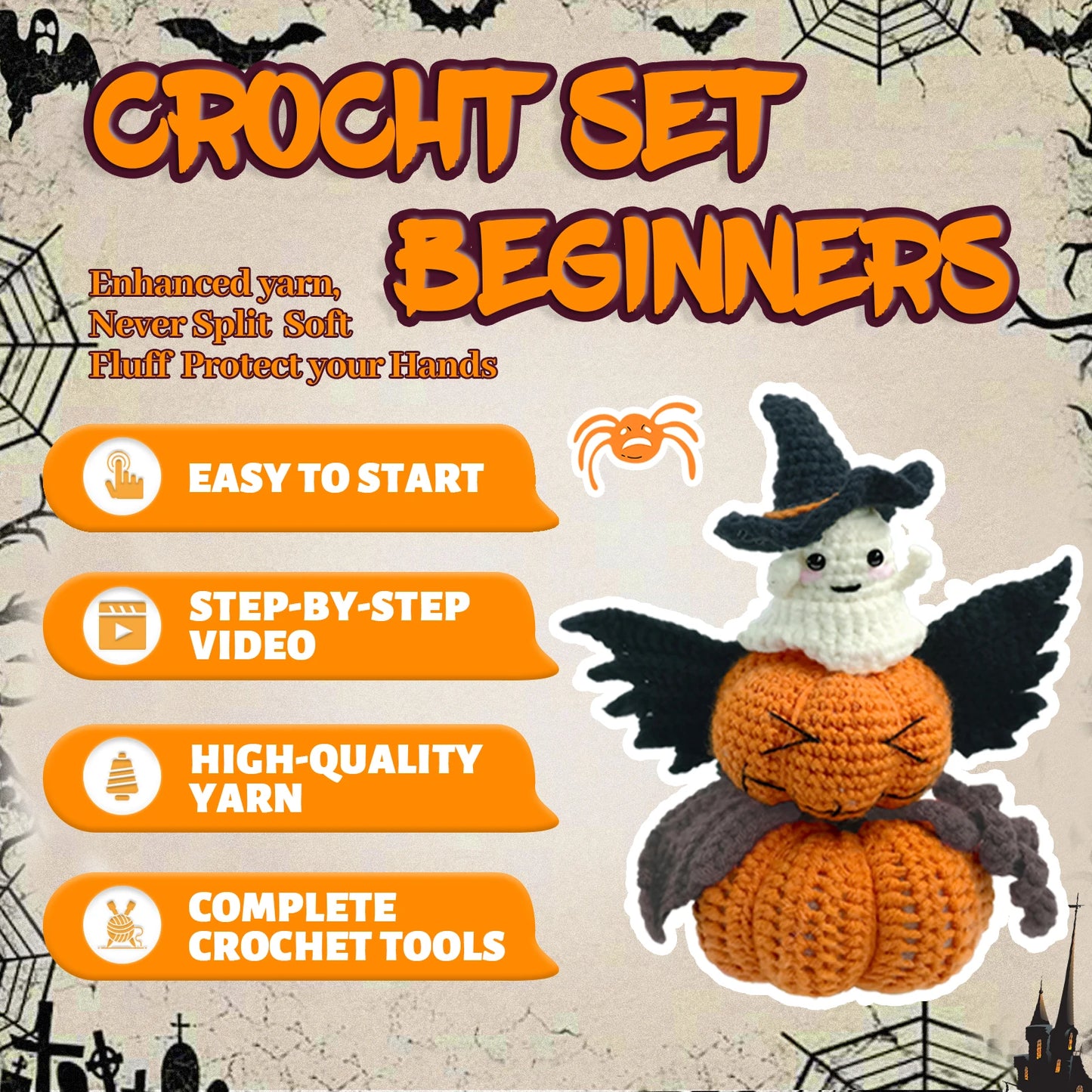 Halloween Crochet Kit for Beginners – 3pc | Yarn, Hook & Video Tutorial Included