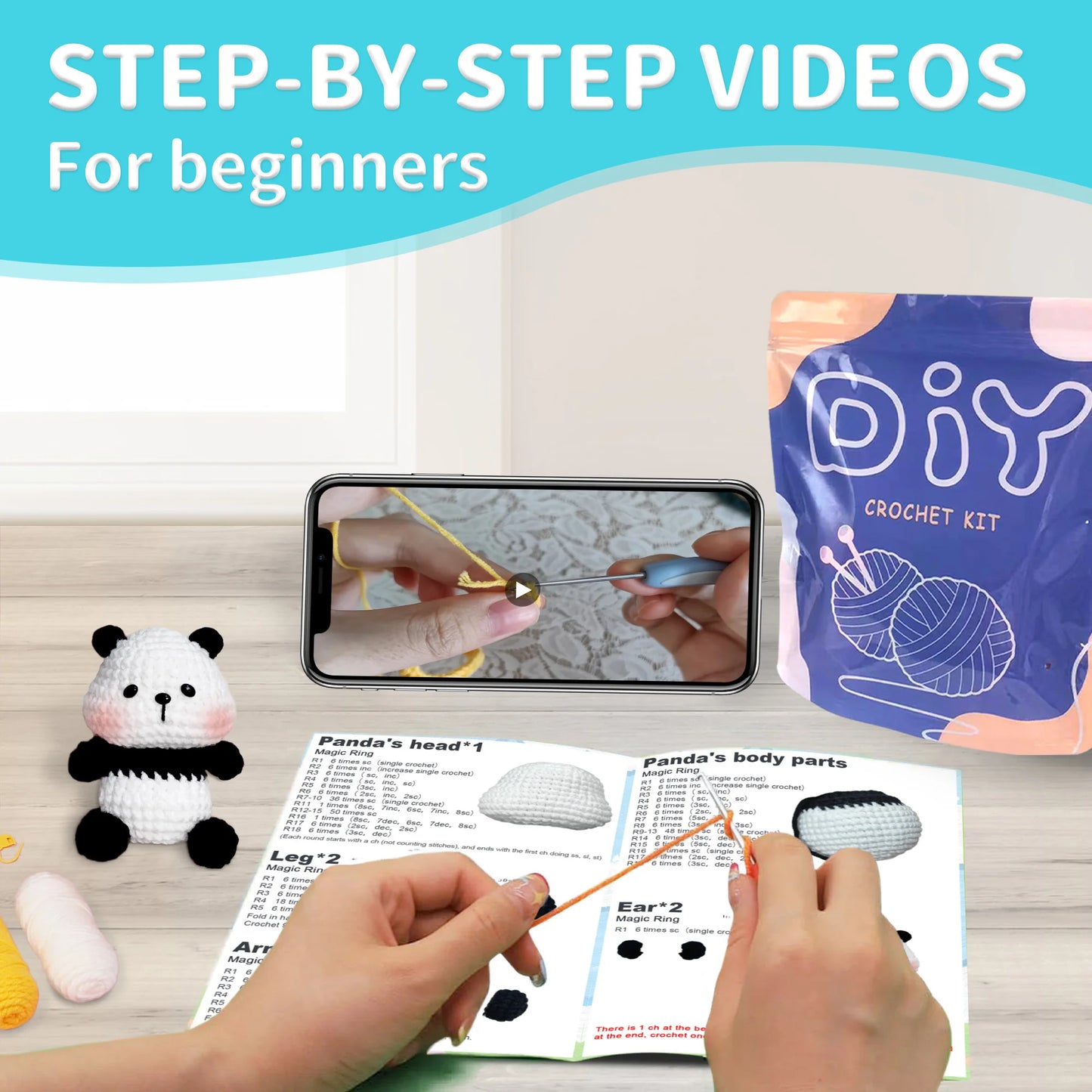 Panda Crochet Kit for Beginners – 1pc | Yarn, Hook & Video Tutorial Included