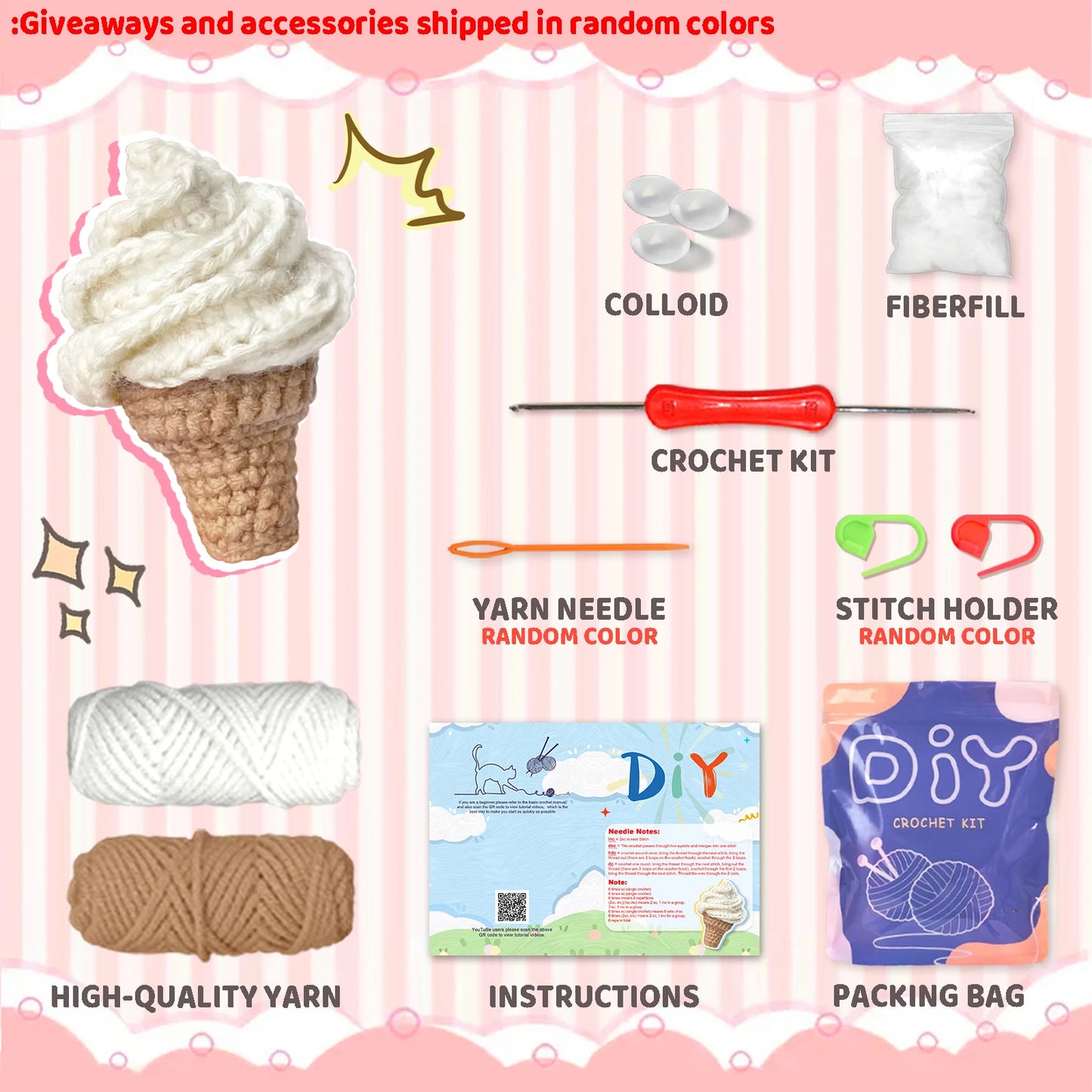 Ice Cream Crochet Kit for Beginners – 1pc | Yarn, Hook & Video Tutorial Included