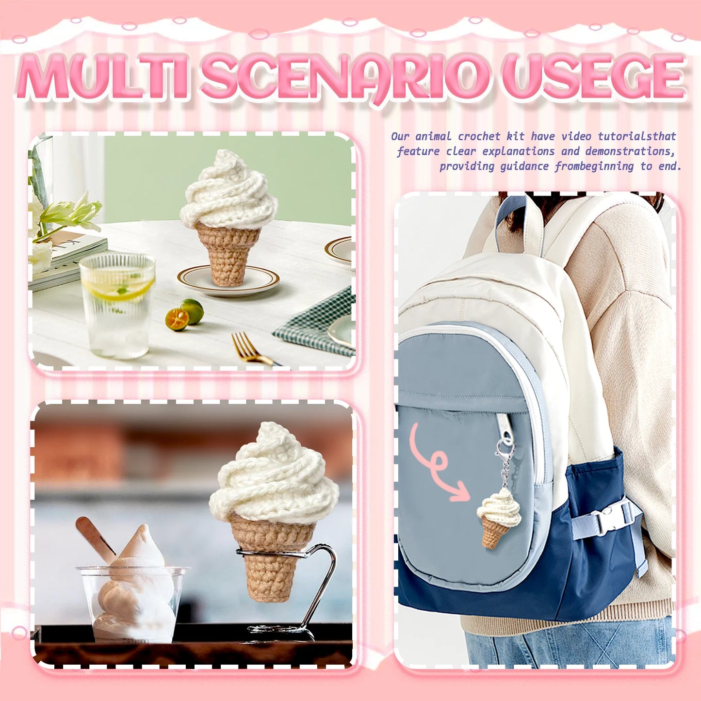 Ice Cream Crochet Kit for Beginners – 1pc | Yarn, Hook & Video Tutorial Included