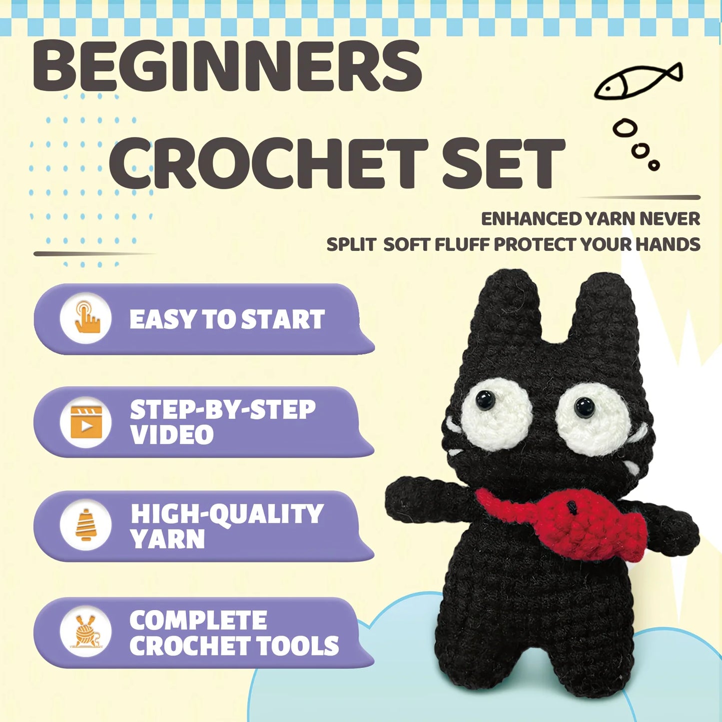 Kitten Crochet Kit for Beginners – 1pc | Yarn, Hook & Video Tutorial Included