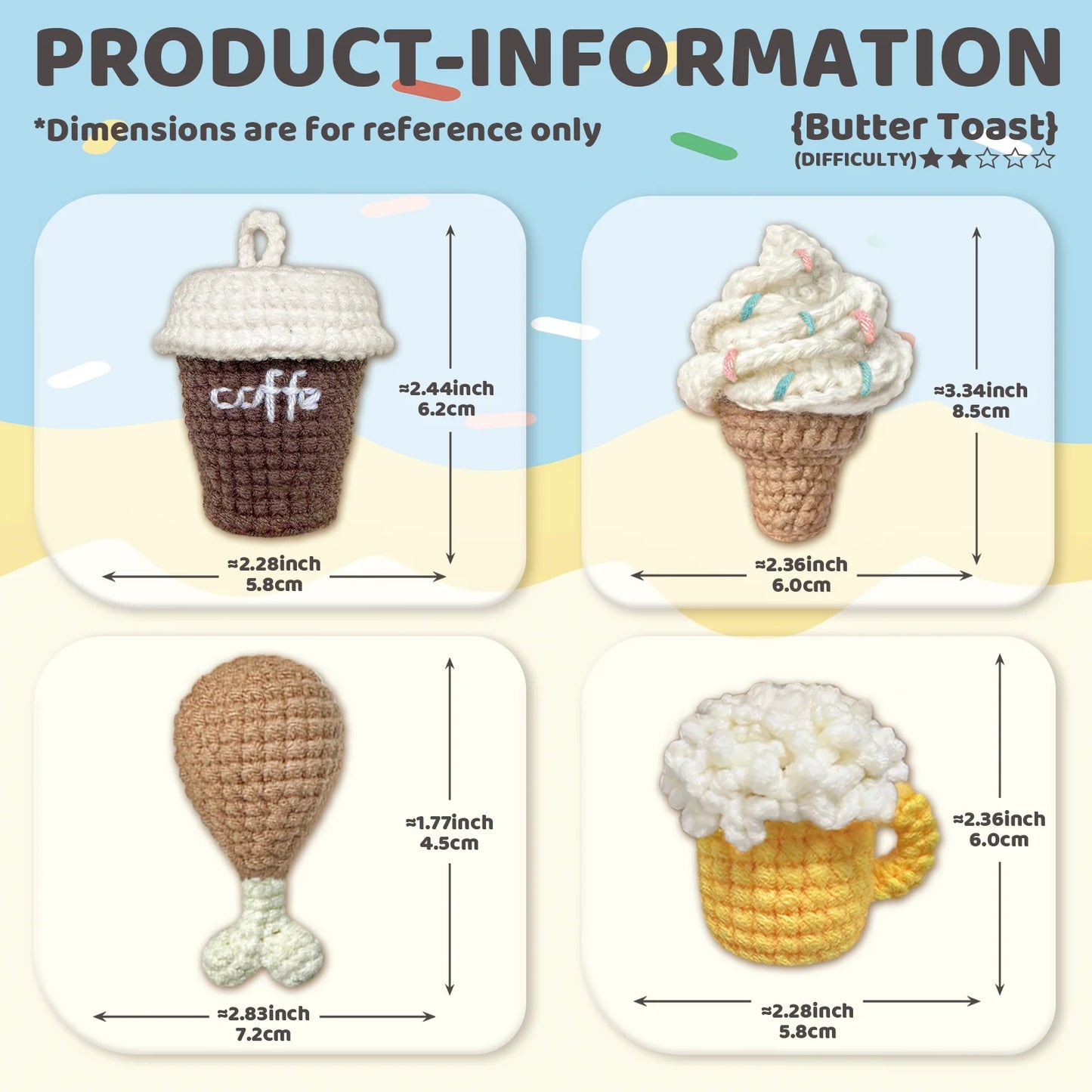 Food and Drink Theme Crochet Kit for Beginners – 4pc | Yarn, Hook & Video Tutorial Included