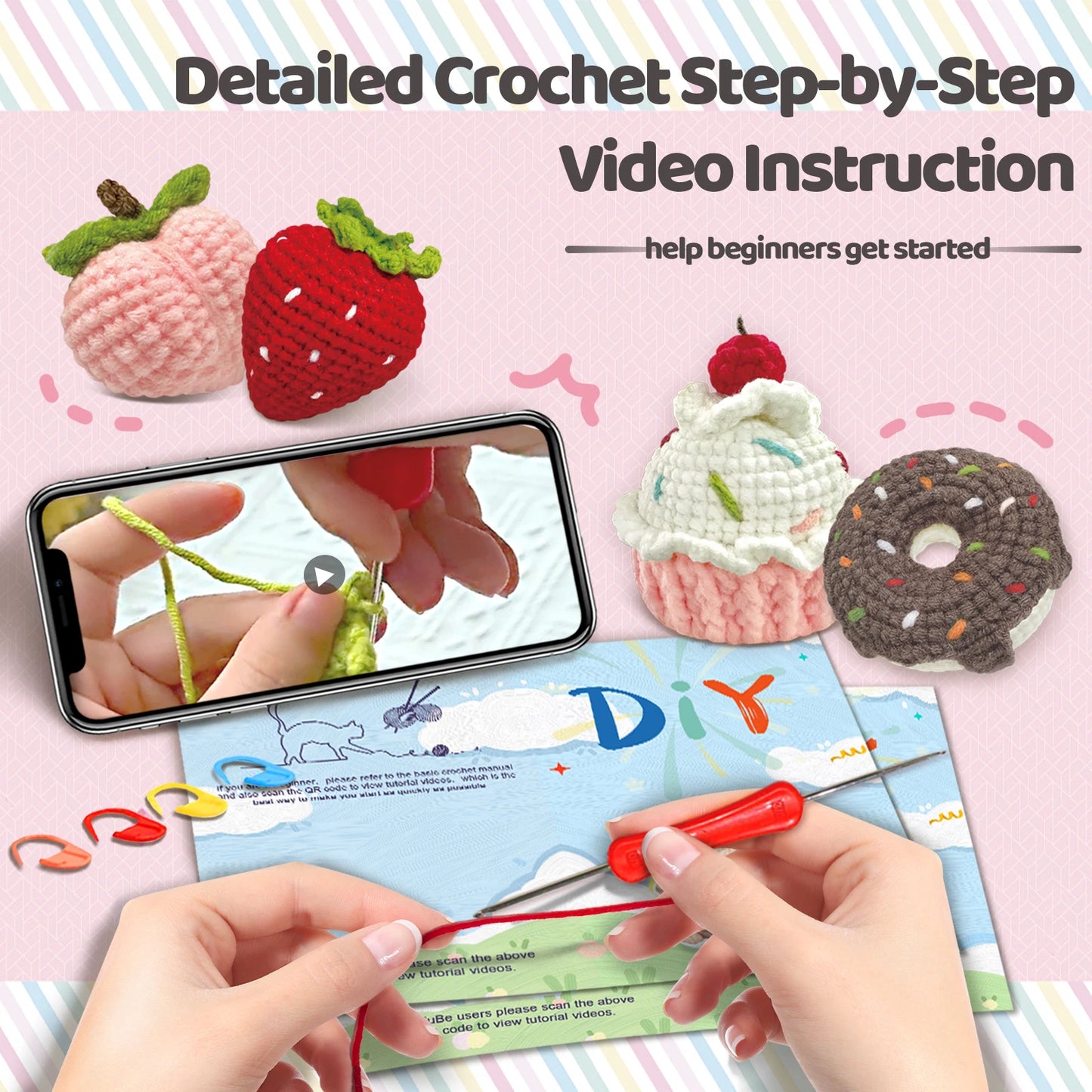 Sweet Treats Crochet Kit for Beginners – 4pc | Yarn, Hook & Video Tutorial Included