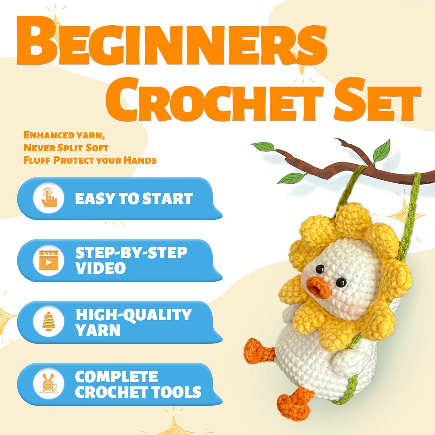 Duck Crochet Kit for Beginners – 1pc | Yarn, Hook & Video Tutorial Included