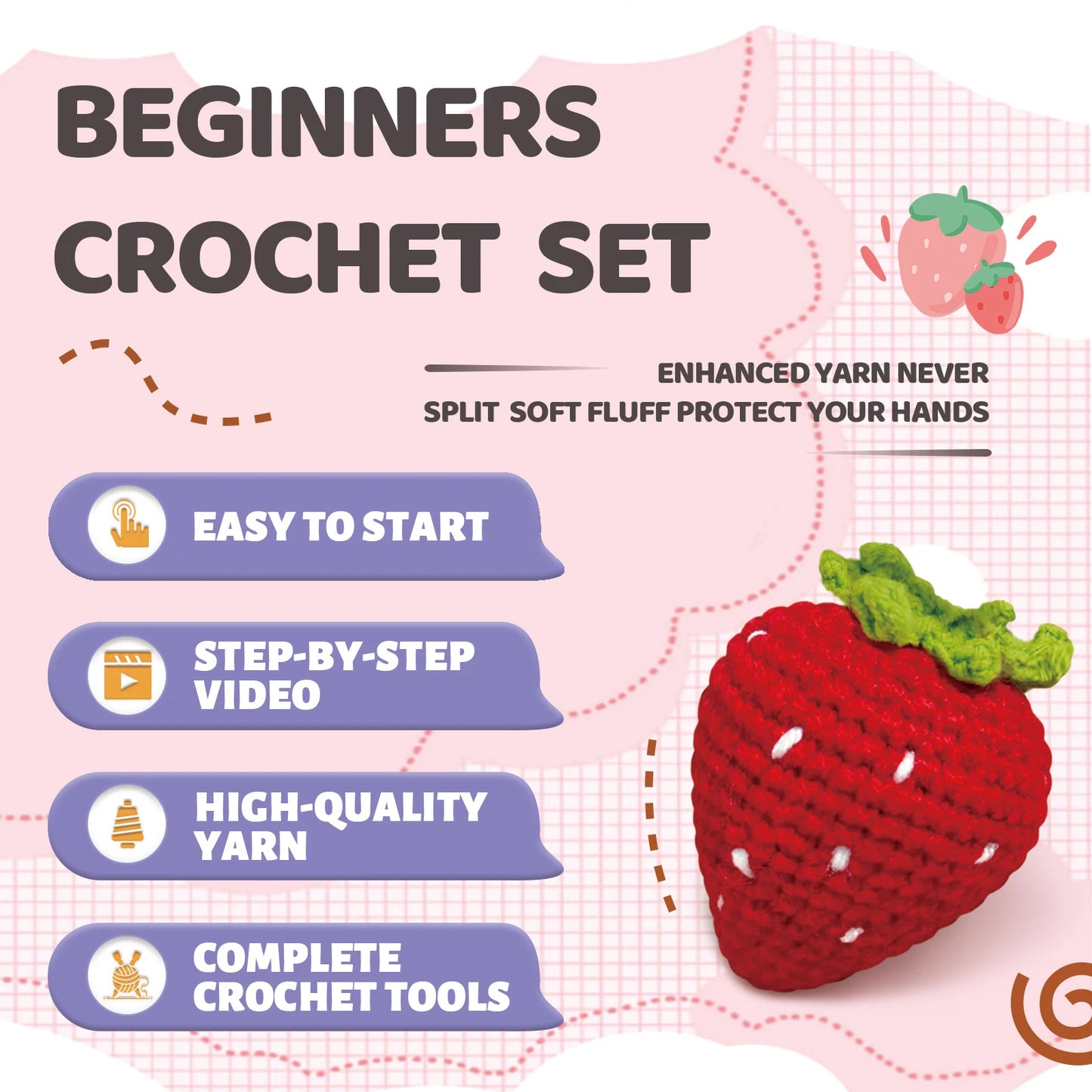 Strawberry Crochet Kit for Beginners – 1pc | Yarn, Hook & Video Tutorial Included