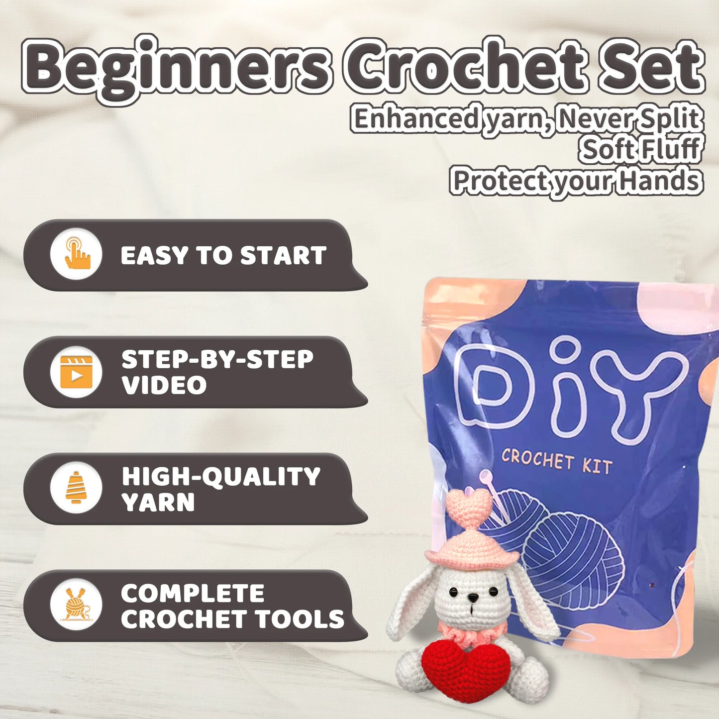 Heart Rabbit Crochet Kit for Beginners – 1pc | Yarn, Hook & Video Tutorial Included