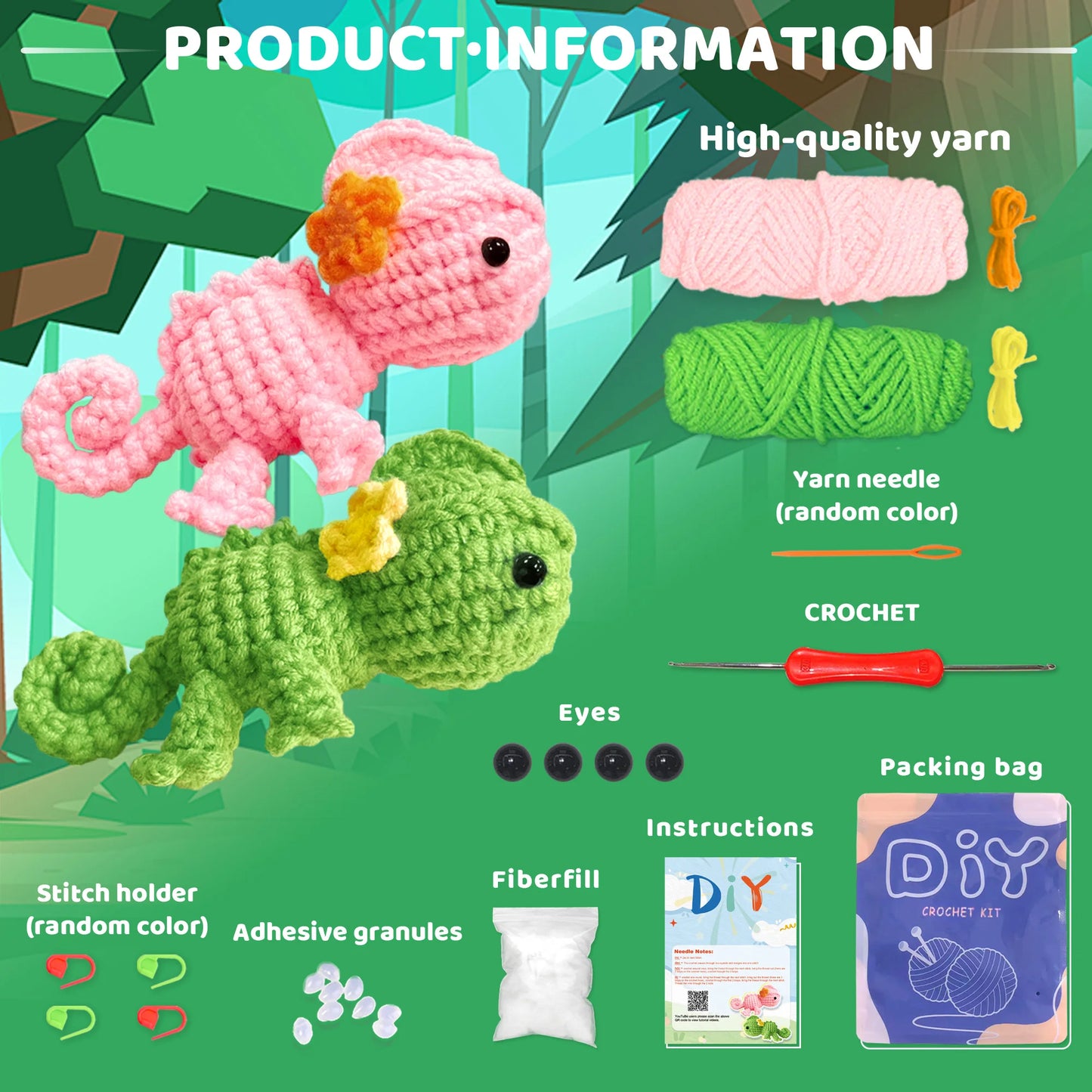 Chameleon Crochet Kit for Beginners – 1/2pc | Yarn, Hook & Video Tutorial Included