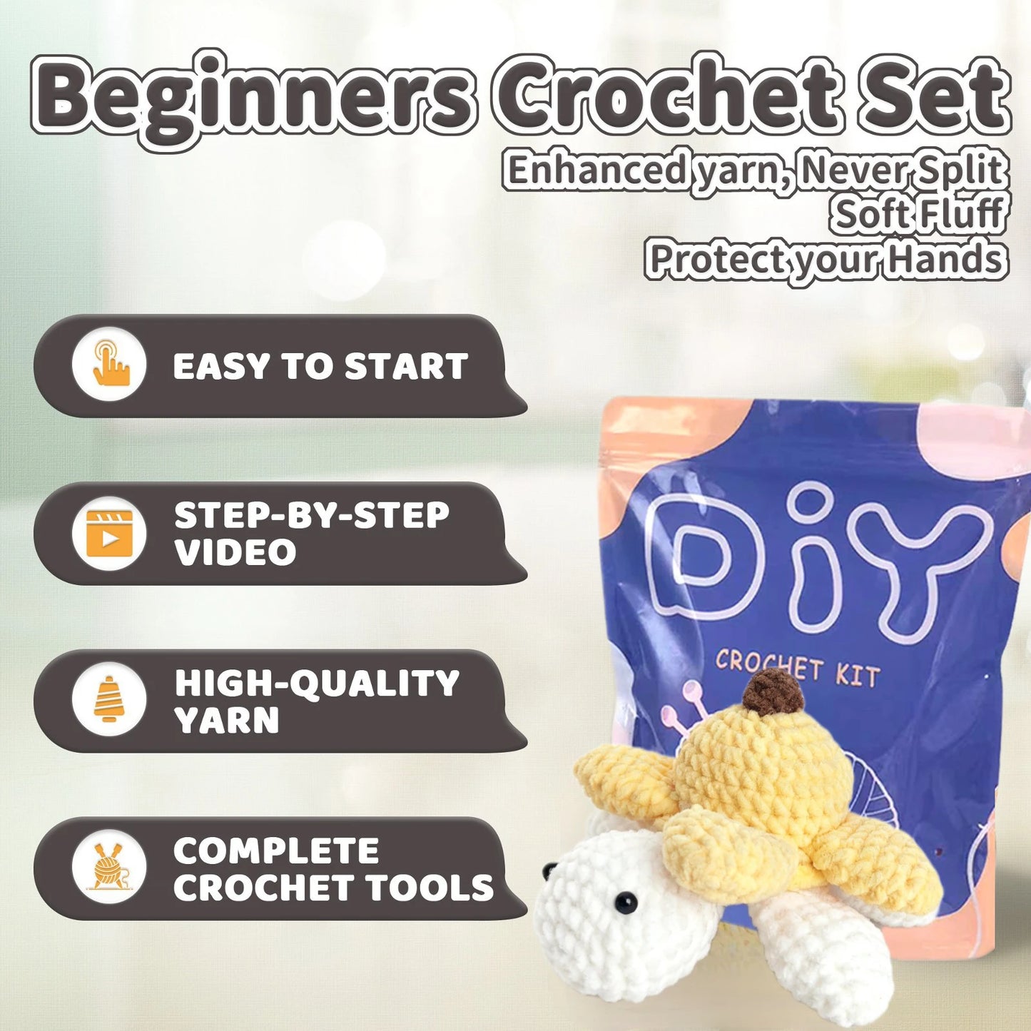 YAMAXIN 1PC Banana Turtle Crochet Kit for Beginners,Crocheting DIY Amigurumi Hook Set with Instruction Manual and Video Teaching