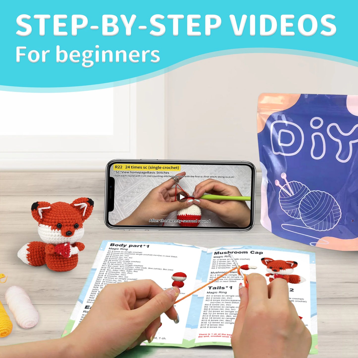 Fox Crochet Kit for Beginners – 1pc | Yarn, Hook & Video Tutorial Included