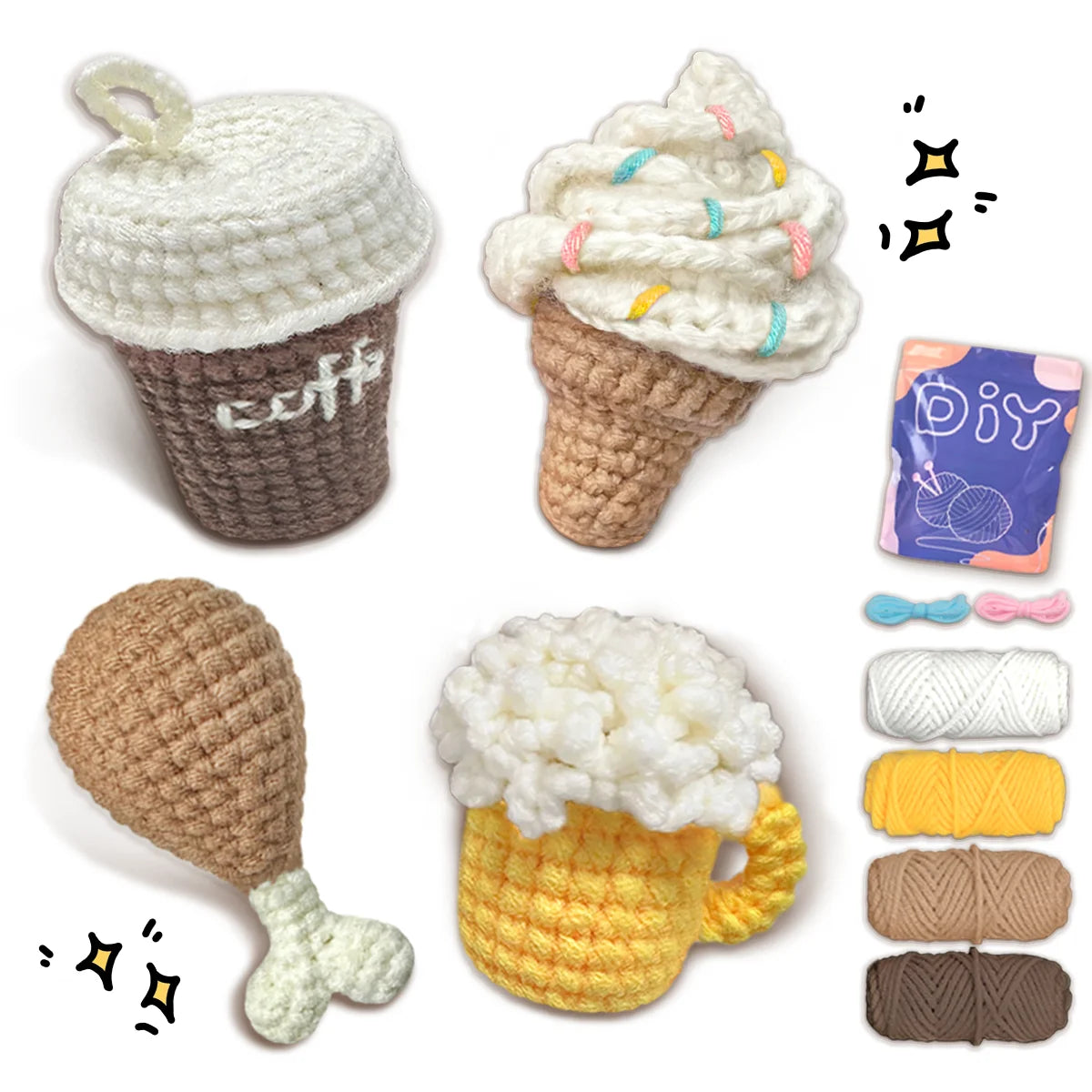 Food and Drink Theme Crochet Kit for Beginners – 4pc | Yarn, Hook & Video Tutorial Included