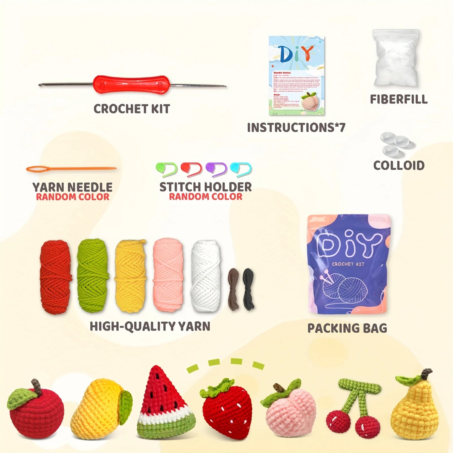 Fruit Crochet Kit for Beginners – 7pc | Yarn, Hook & Video Tutorial Included
