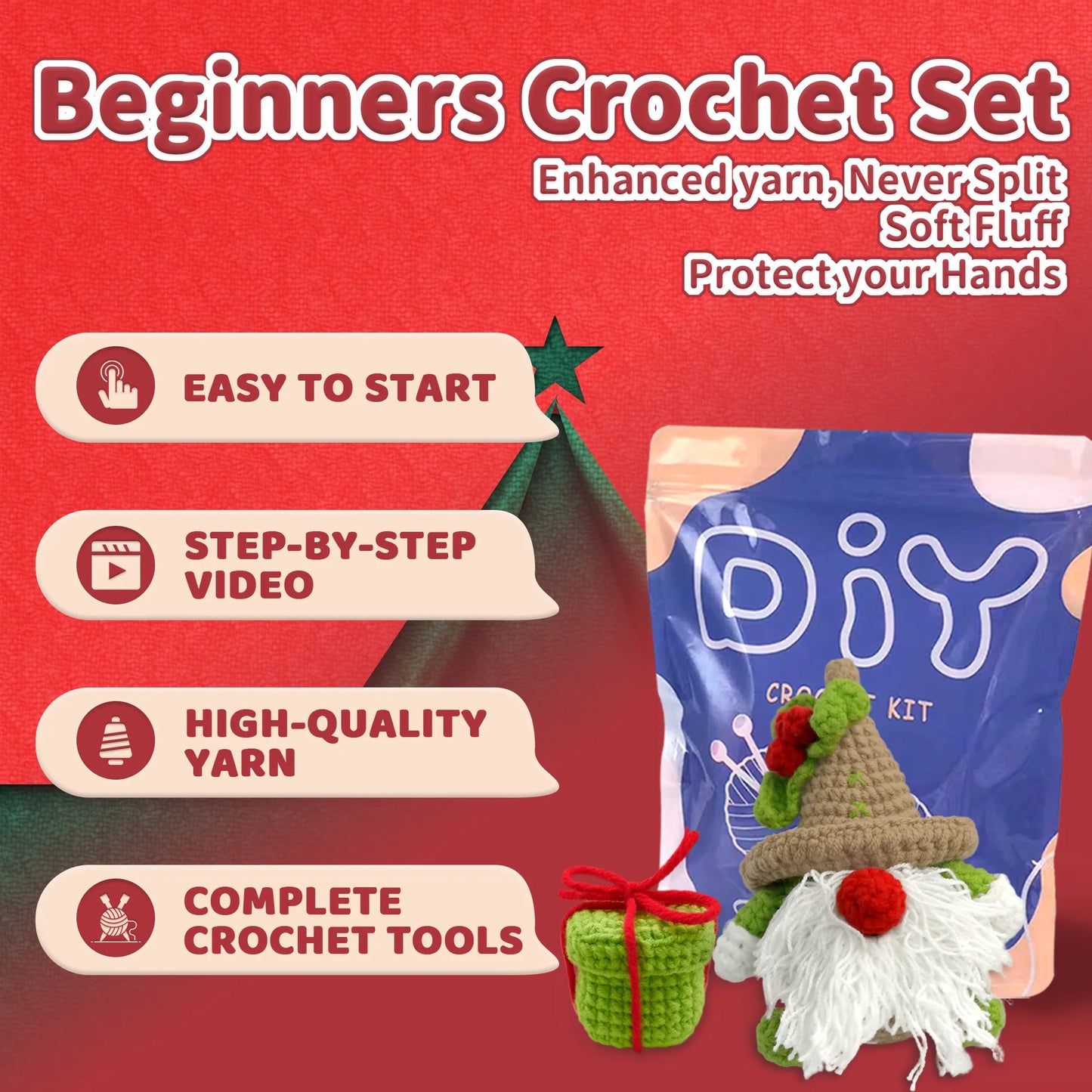 Christmas Crochet Kit for Beginners – 2pc | Yarn, Hook & Video Tutorial Included