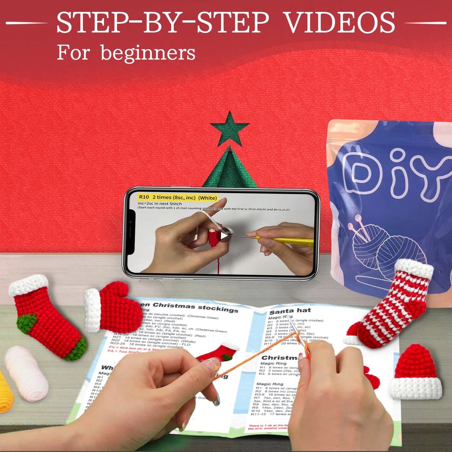 Christmas Ornament Crochet Kit for Beginners – 4pc | Yarn, Hook & Video Tutorial Included
