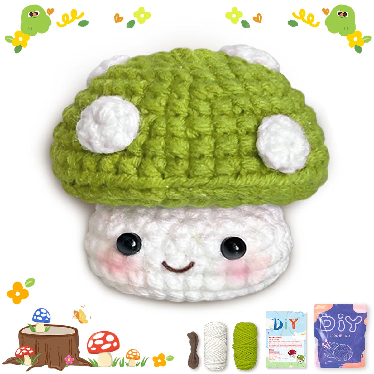 Mushroom Crochet Kit for Beginners – 1/2pc | Yarn, Hook & Video Tutorial Included