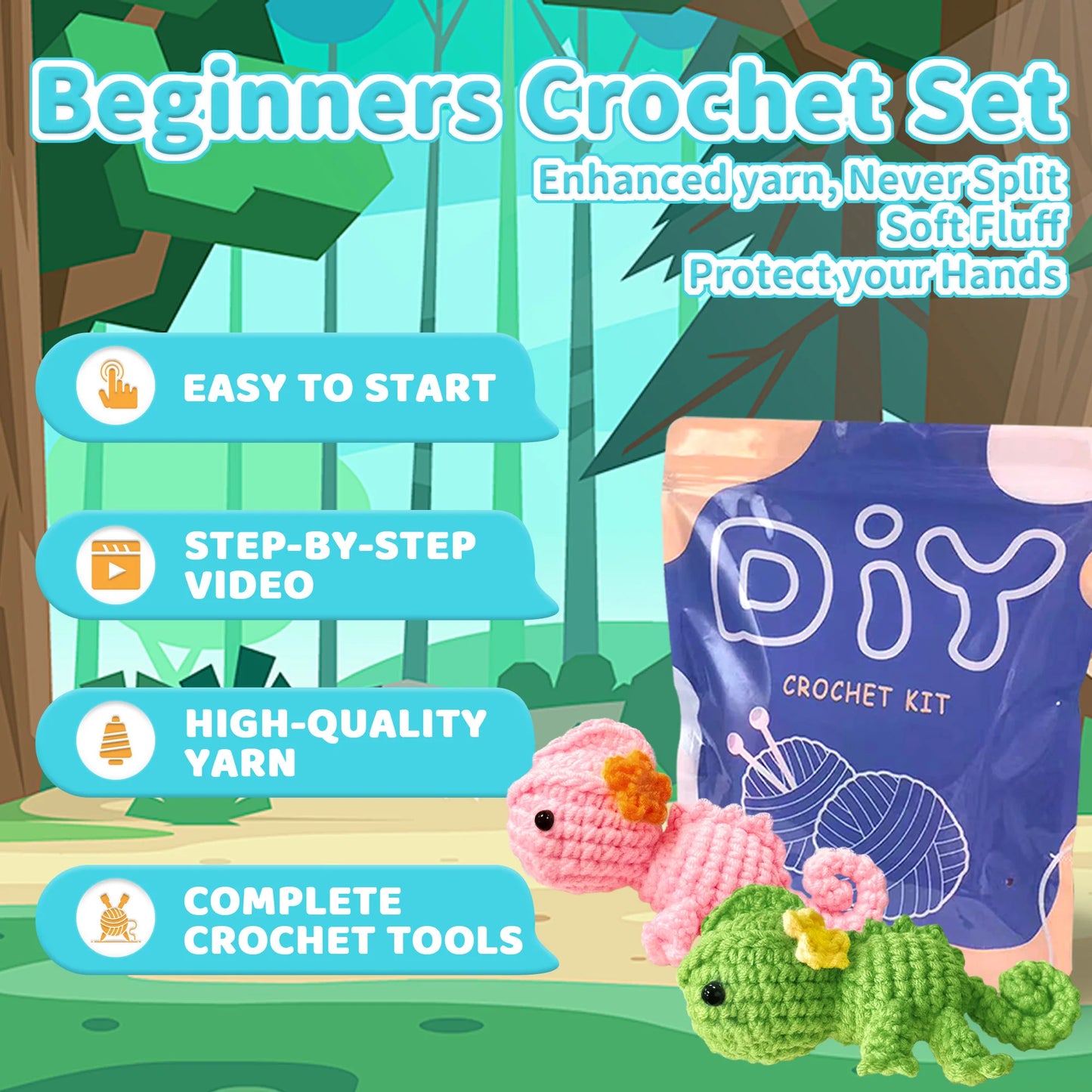 Chameleon Crochet Kit for Beginners – 1/2pc | Yarn, Hook & Video Tutorial Included